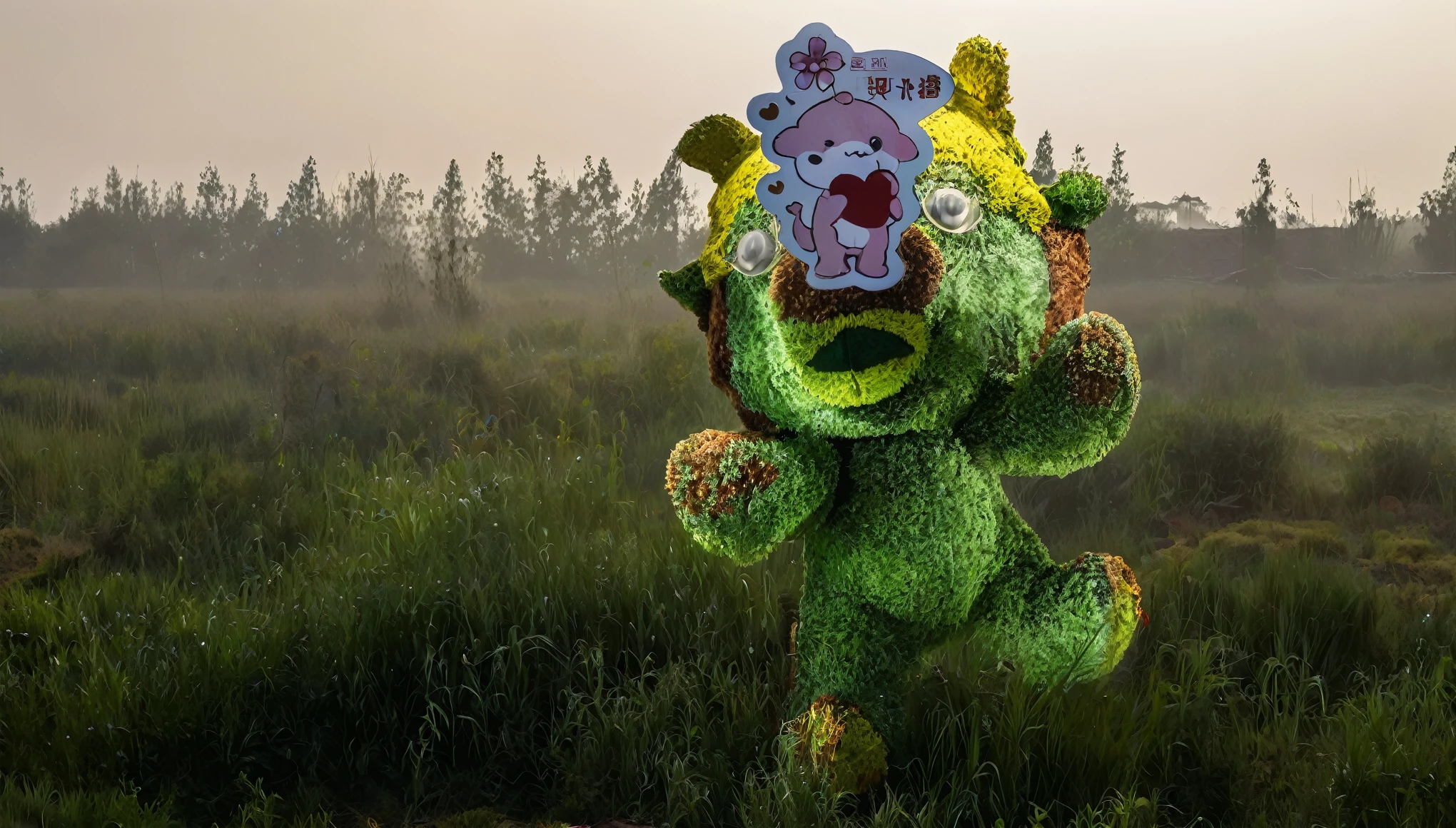 Under the rays of light,in the morning light,Under the rays of light,in the morning light,There is a green with yellow,Brown teddy bear,Wearing a label of Yang Xiaoying on the head, Grassy plant man, Oil painting photography,Oil painting photography,HD,8k,raw,Award-winning works of photography masters