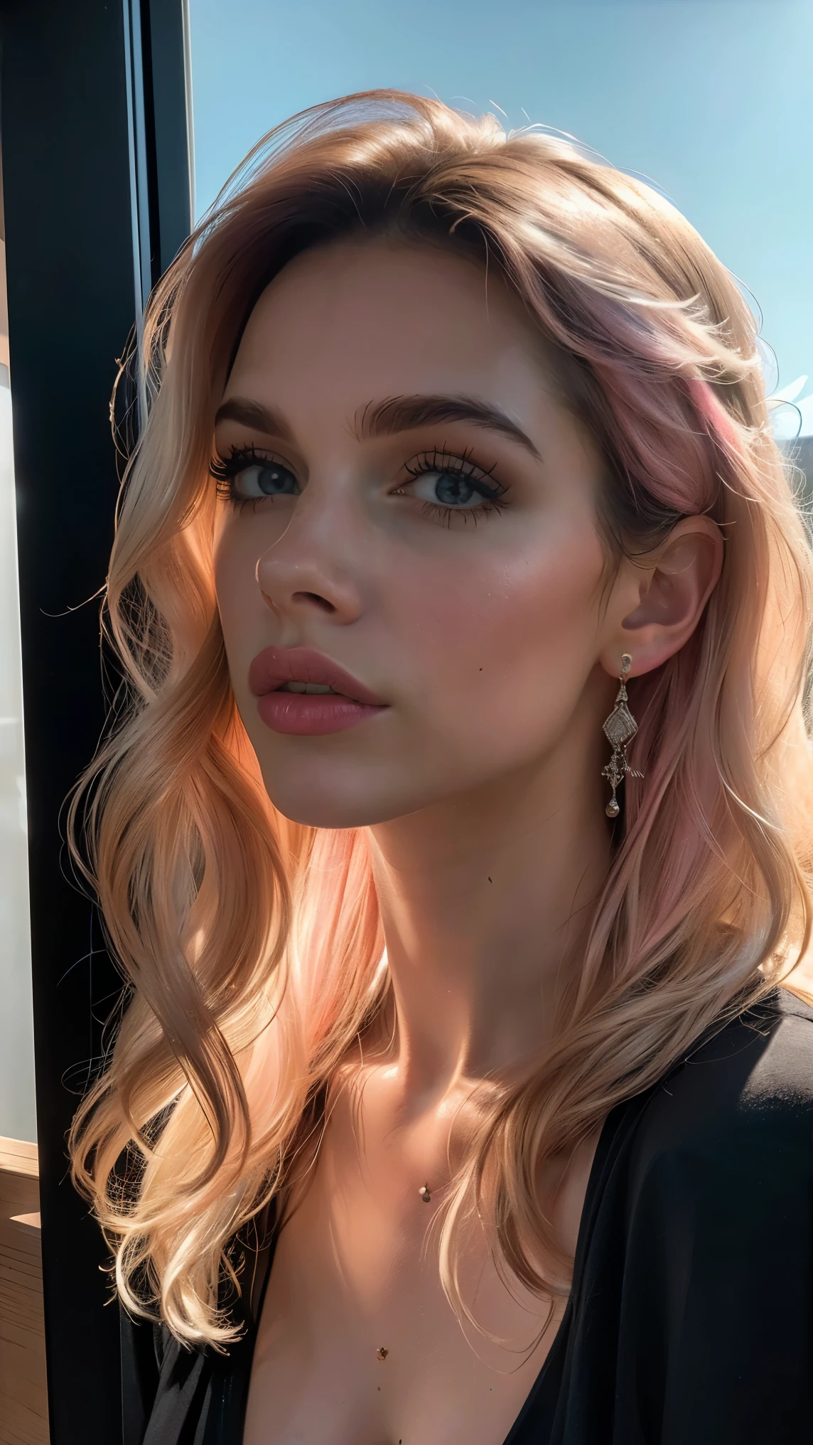 (((ultra realistic))) Photo, masterpiece, top quality, (pale skin), (Ultra detailed face and eyes:1.1), 1 girl, Adult, deep neckline, (Eye makeup, mascara) , ((large detailed lips)), ((pink wavy hair)), ((Chyolka)) , ((Natural breasts)). ((Posing)), photoshoot, studio ((contour light)), (The play of light and shadows), depth of field, bokeh, (special attention to skin detail: 1.2), (Light atmosphere of the frame, Pastel colors, Colours black), ((portrait, close to the camera)) , ultra detialed,