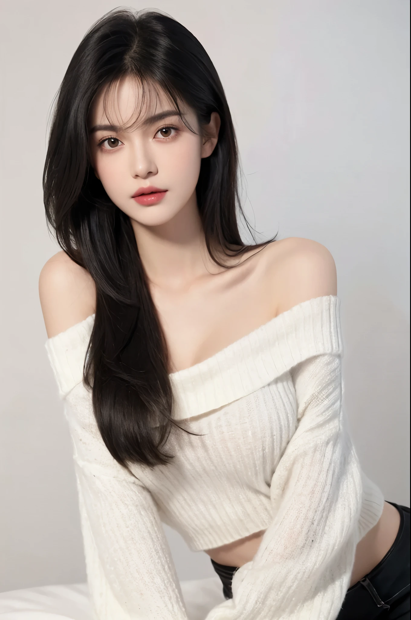 (lifelike,high resolution:1.3), A slim girl, The face shape and eyes are super delicate,black hair,red glossy lips,(beautiful face), (best quality), (Super detailed), (Extremely detailed CG unified 8k wallpaper),((Tight off-shoulder sweater)),(White background),(cleavage),(Model photo),sexy look,big eyes,(standing),(air bangs),(Slim waistline),Eyes look at the audience,Teardrop-shaped breasts,soft breasts,very realistic breasts,Character centered,black hair