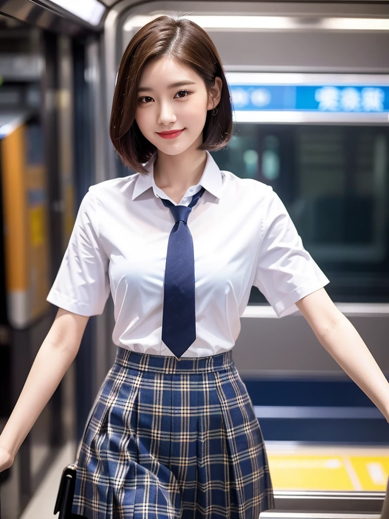 A gorgeous Chinese woman in a Singapore MRT train at night, wearing a white short-sleeve blouse, plaid tie, and plaid skirt, with a youthful, smooth complexion, beautiful detailed eyes and lips, long eyelashes, a slender figure, and a friendly, approachable smile. She has short hair and a confident, poised demeanor. The background is blurred with a Bokeh effect. (best quality,4k,8k,highres,masterpiece:1.2),ultra-detailed,(realistic,photorealistic,photo-realistic:1.37),HDR,UHD,studio lighting,ultra-fine painting,sharp focus,physically-based rendering,extreme detail description,professional,vivid colors,bokeh