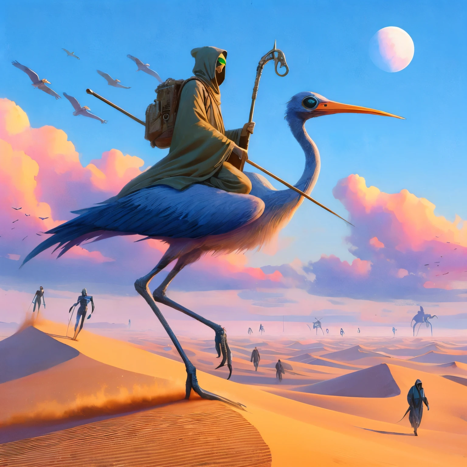 desert rider sand planet mile upon mile of sand dunes riding on the back of an alien bird similar to a very tall blue heron, desert rider is wearing a long cloak and what looks like alien goggles and pull over poncho rain gear, he is holding a long balancing piercing pole, similar to old west long rifles, in the distance you see alien men slinking alone the horizon, blue skys puffy white clouds touched by pink and orange hues, mid-day sun thunder clouds are beginning to form,