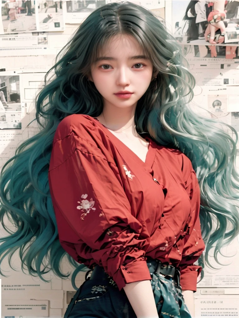 Close up of person with long hair and red shirt, green wavy hair, green flowing hair, long turquoise hair를 가진, long curly hair, Best Face, Very long wavy light blue hair, long turquoise hair, Long, shiny, ethereal hair, vibrant black wavy hair, long green hair, Asian girl with long hair, long shiny gorgeous hair,best quality, masterpiece, illustration, realistic, photo-realistic, amazing, in detail, incredibly absurd, huge file size, very detailed, mackerel, very detailed CG Unity 8k 벽지, NSFW, Korean girl with angelic appearance