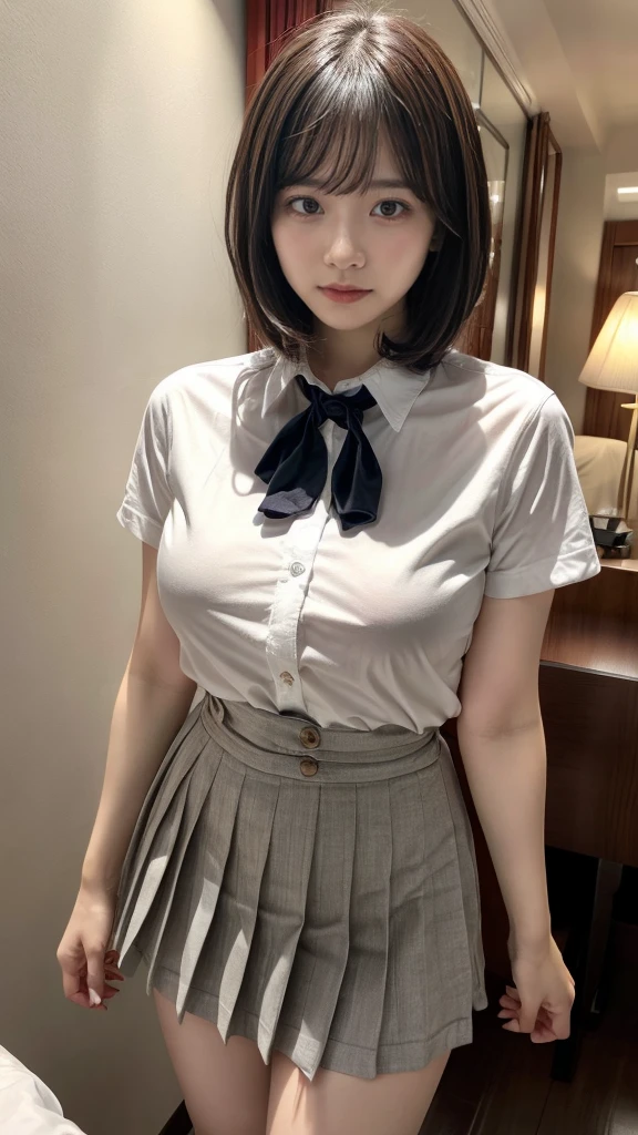 masterpiece, best quality, illustration, Super detailed, fine details, High resolution, 8K,wall paper, perfect dynamic composition,(Details High quality, realistic depiction of eyes:1.3), standing, (collared shirt:1.1), pleated skirt, short bob hair、black hair color, Big Natural Color Lip, bold sexy pose, crying a little、acrobatic pose, 20 year old girl、cute type、lolita、beautiful legs, hotel room, gravure idol, Voluptuous thighs, huge breasts, Don't expose it