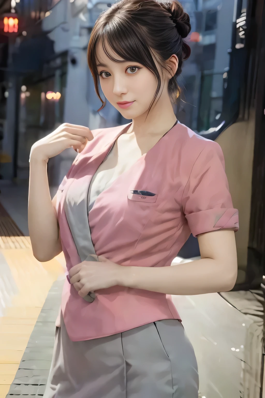 (masterpiece:1.2, highest quality:1.2), 32K HDR, High resolution, (alone、1 girl)、（On the rooftop of a building in the daytime、Professional Lighting）、Building rooftop background、（Nankai train crew uniform pinkを着たリアルスタイル）、（Nankai train crew uniform pink short sleeve pink jacket、Nankai Train Crew Uniform Pink Collarless Short Sleeve Blouse、Nankai Train crew uniform pinkのグレー色のキュロットスカート）、Dark brown hair、（Hair tied up、Hair Bun、Hair Bun）、Dark brown hair、Long Shot、Big Breasts、Thin legs、（（Great hands：2.0）），（（Harmonious body proportions：1.5）），（（Normal limbs：2.0）），（（Normal finger：2.0）），（（Delicate eyes：2.0）），（（Normal eyes：2.0））)、smile、（Nankai Train crew uniform pinkのグレー色のキュロットスカートを見せた美しい立ち姿）、Put your hands down、I have nothing in my hands