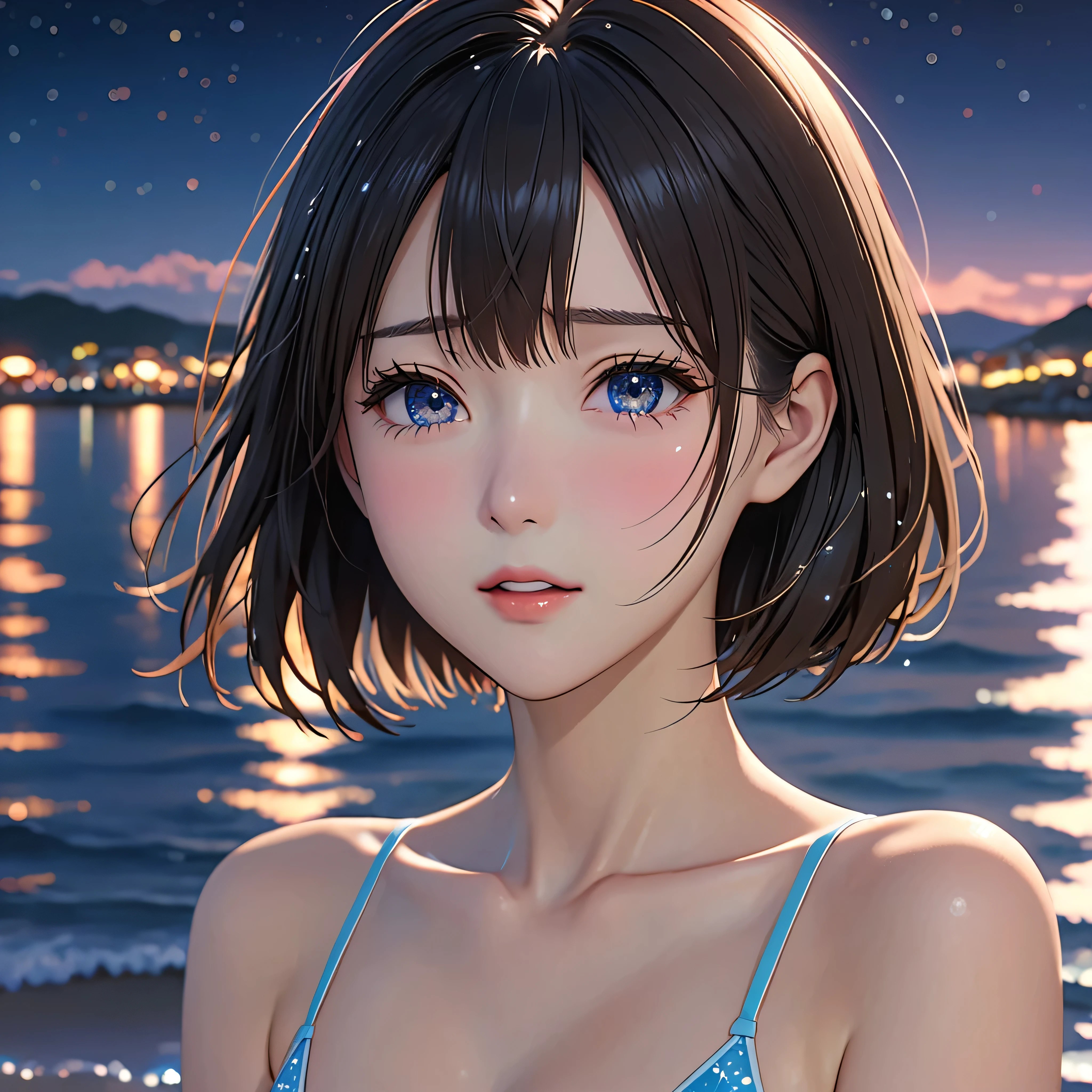 National Science Foundation,masterpiece,High resolution,8K,Art,digit,Three-dimensional,Realism,Kyoto Animation Style,your name movie style,Facing the camera,night,midnight,Light,at the seaside,(1 female: 1.3),(alone: 1.4),Bikini,Long eyelashes,Long thin legs,Short Bob,Sexy pose,Close-up of upper body,Close-up,nightstarry sky,Eyes as deep as the starry sky,Blushed,shy,shy,open mouth,(Tearing up)