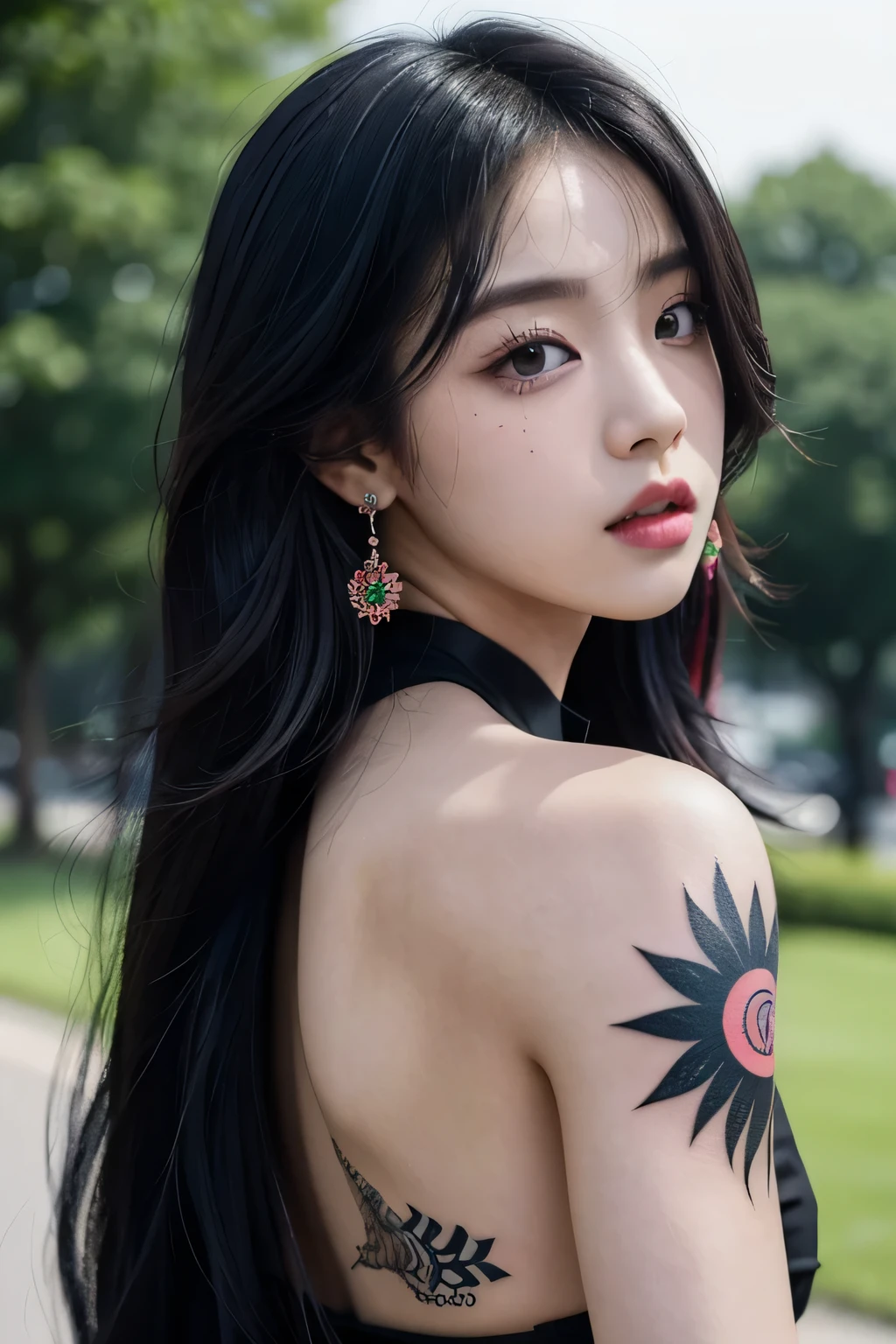 (((Bad Girl)))，(((Black tattoo)))，(((Avant-garde tattoo)))，(((Black tattoo on shoulder)))，(((Exaggerated hair coloring)))，(((Colorful hair)))，a chlorineose up of a person with a flowered shirt and earrings, blackpink 的 jossi, blackpink 的 roseanne park, Portrait of Josie from Blackpink, Sun Yunzhu, chlorine, Blackpink 的 Jisoo, Cui Xianhua, Jisoo from Blackpink, Parking distance - minutes, Korean Artist, Kim Tae-jun, BLACKPINK Jisoo Portrait, jiyun chae, Kim Jong-ki