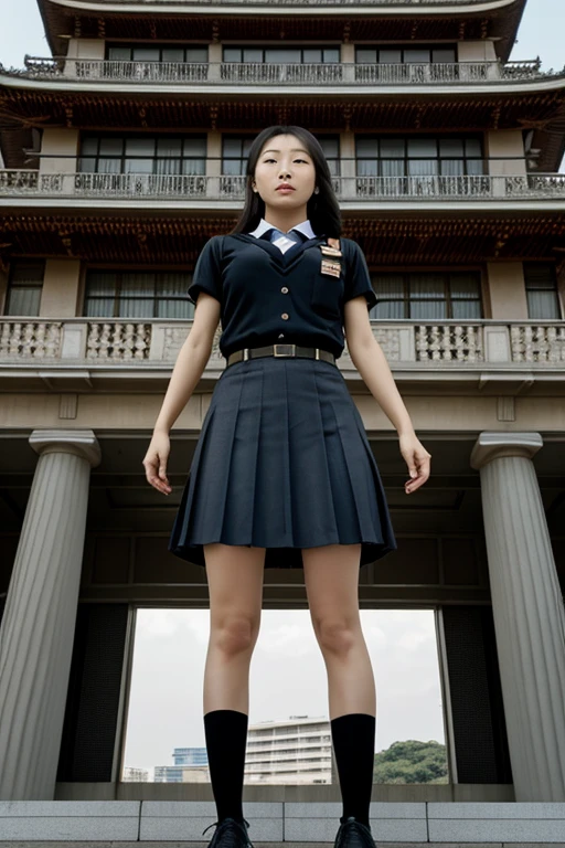 fantastic realism，高度Detailed footage of the giantess，Detailed footage of the giantess，giantess art，Surreal主義，schoolgirl，Wear short sleeves，across the building，Surreal，Ant personification，contrast giant，Ant personification，contrast giant