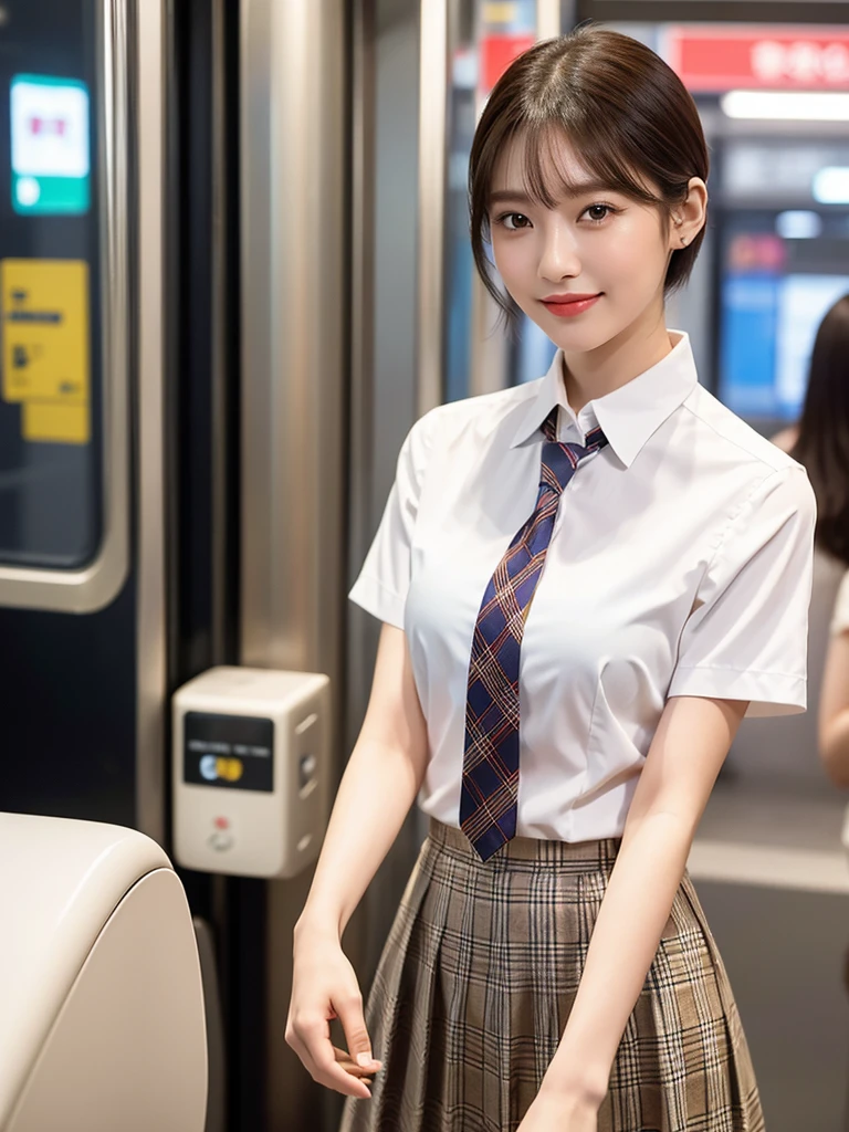 A gorgeous Chinese woman in a Singapore MRT train at night, wearing a white short-sleeve blouse, plaid tie, and plaid skirt, with a youthful, smooth complexion, beautiful detailed eyes and lips, long eyelashes, a slender figure, and a friendly, approachable smile. She has short hair and a confident, poised demeanor. The background is blurred with a Bokeh effect. (best quality,4k,8k,highres,masterpiece:1.2),ultra-detailed,(realistic,photorealistic,photo-realistic:1.37),HDR,UHD,studio lighting,ultra-fine painting,sharp focus,physically-based rendering,extreme detail description,professional,vivid colors,bokeh