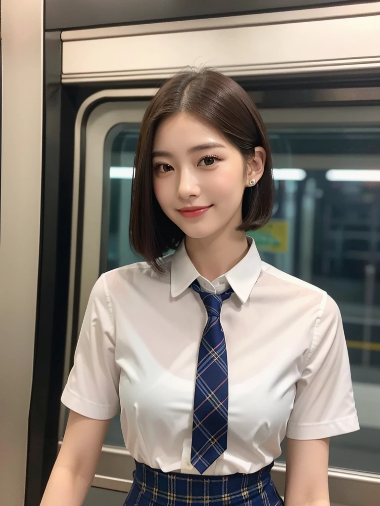 A gorgeous Chinese woman in a Singapore MRT train at night, wearing a white short-sleeve blouse, plaid tie, and plaid skirt, with a youthful, smooth complexion, beautiful detailed eyes and lips, long eyelashes, a slender figure, and a friendly, approachable smile. She has short hair and a confident, poised demeanor. The background is blurred with a Bokeh effect. (best quality,4k,8k,highres,masterpiece:1.2),ultra-detailed,(realistic,photorealistic,photo-realistic:1.37),HDR,UHD,studio lighting,ultra-fine painting,sharp focus,physically-based rendering,extreme detail description,professional,vivid colors,bokeh