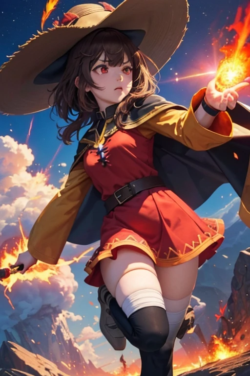 masterpiece, highest quality, Super detailed, figure, amazing lighting, Cinematic composition, One girl, Megumin, Meguminのスタイル, Big hat, Cape, Small breasts, Bandaged leg, Single knee socks,Left black knee socks, alone, (Red eyes:1.2), (Glowing Eyes:1.1), Burning eyes, Captivating Gaze, Brown Hair, bangs, View Viewer, From below, amazing, intense, Cinematic,Serious face, Fantasy, Medieval, magic, spell, wood, nature, high up, Mountain, explosion, Mushroom cloud, destruction, Mountain destroyed, shock wave, Particle Effects, Lens flare, flying rubble, night, dark, darkness, Shadow, (8k:1.1)