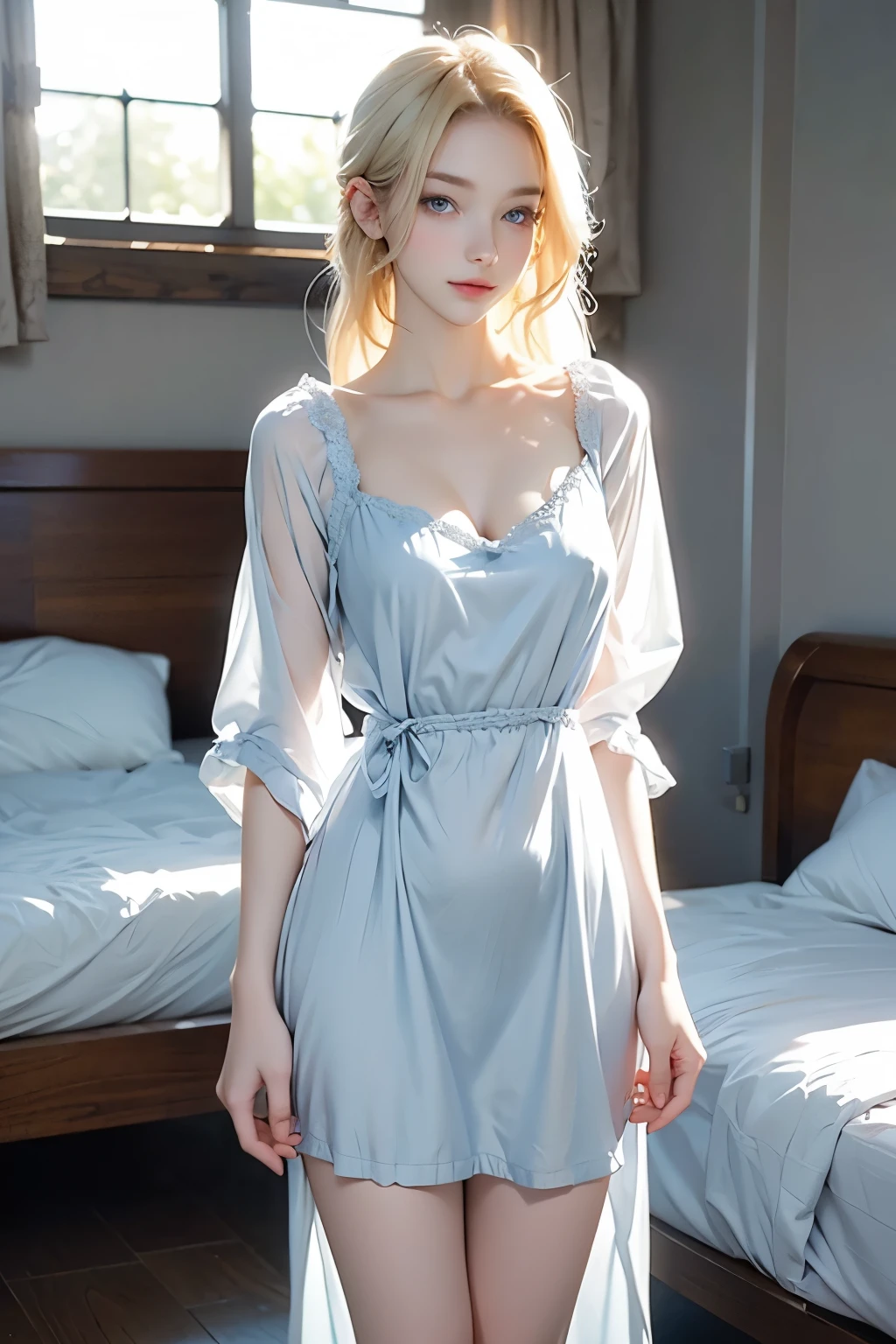 cute blonde woman, perfect blue eyes, pale gothic skin, silky soft skin, large breasts, cleavage, straight nipples, wearing a pastel blue nightgown (transparent), standing in her bedroom.