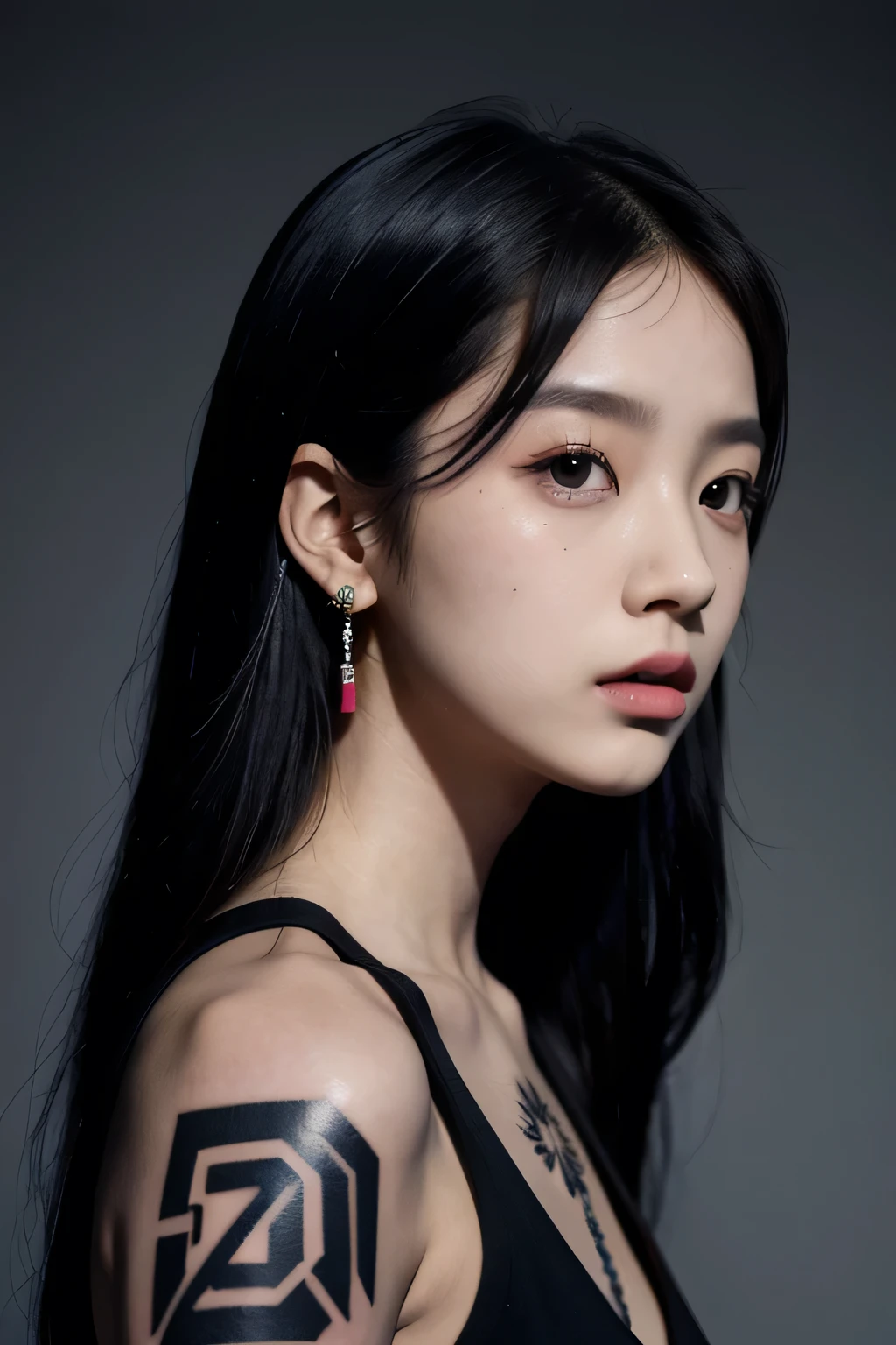 (((Bad Girl)))，(((Black tattoo)))，(((Avant-garde tattoo)))，(((Black tattoo on shoulder)))，(((Exaggerated hair coloring)))，(((Colorful hair)))，a chlorineose up of a person with a flowered shirt and earrings, blackpink 的 jossi, blackpink 的 roseanne park, Portrait of Josie from Blackpink, Sun Yunzhu, chlorine, Blackpink 的 Jisoo, Cui Xianhua, Jisoo from Blackpink, Parking distance - minutes, Korean Artist, Kim Tae-jun, BLACKPINK Jisoo Portrait, jiyun chae, Kim Jong-ki