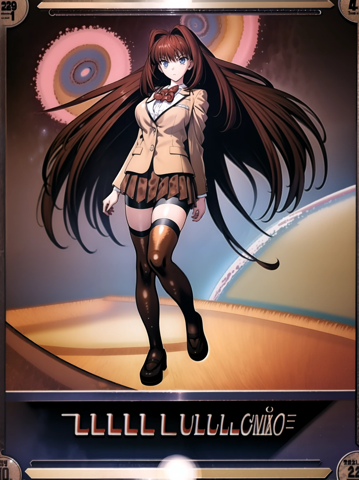 BREAK, centered. BREAK, (EMPTY BACKGROUND), BREAK, (masterpiece), best quality, high resolution, 8k, illustration, (beautiful detailed eyes:1.5), extremely detailed face, extremely detailed body, CG, perfect hands, perfect anatomy, (((1girl))), ((solo)), (((bbaoko))), ((2 legs max)), ((2 feet max:1.6)), ((swirling vortex shaped longest brown hair:1.5)), (brown longest hair with slightly reddish undertone:1.6), (lush luscious longest brown hair:1.6), (very long voluminous longest brown hair:1.5), serious, blue eyes, red bowtie, (Form-fitting beige blazer:1.5), brown jacket, (highly detailed beautiful face:1.2), (white shirt:1), (well shaped large breasts:1.6), (nice hips:1), (((Umber pleated thigh-high skirt:1.6))), (((black bike shorts:1.4))), (toned thighs:1.6), (jetblack thighhighs:1.6), (strap shoes brown color), (facing front:1.5), ((standing straight:1.5)), ((Fullbody in frame:1.6)), ((Full body:1.5)), ((takeuchi takashi:1.3))
