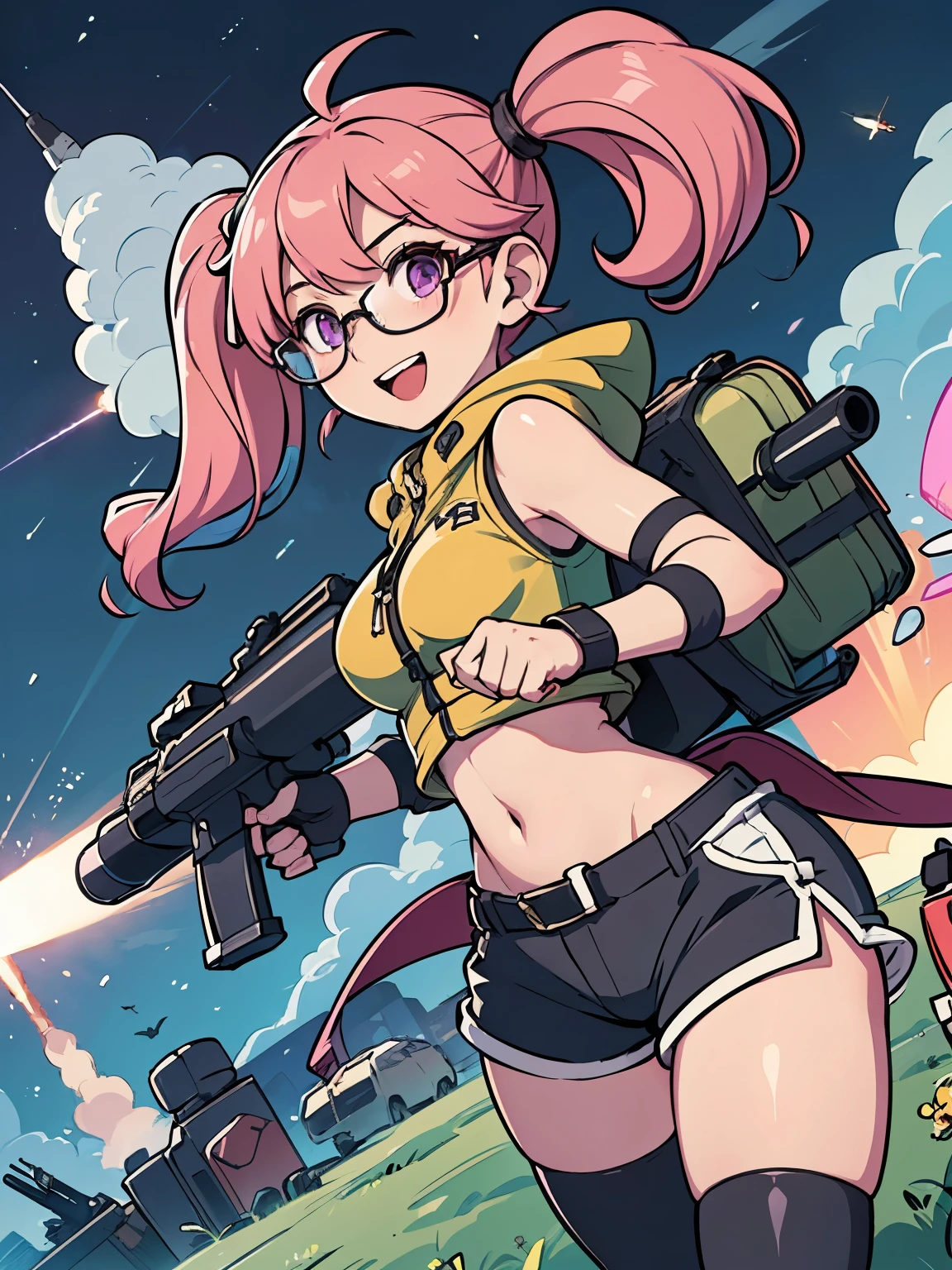 1girl, solo, solo focus, hoodie, miliary shorts, black legwears, tactical vest, assault belt pouches, (using weapon, using missile launcher, using bazooka), open mouth, wacky face, smile, :d, (pink hair, dark purple eyes, twintails, glasses)
