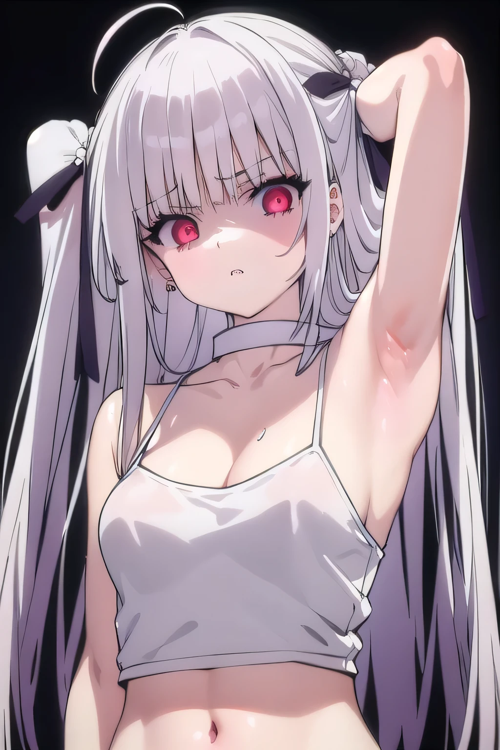 masterpiece, best quality, ultra-high-detailed, Disgusted face, white hair, red eyes, sigtuna julie , small breast, looking to viewer, deep eyes,  glare eyes, croptop, bare shoulder, focus to face, black background, upper body , cleavage, sweated a lot, one arm up,  armpit crease, pits, armpit warm, arm behind head