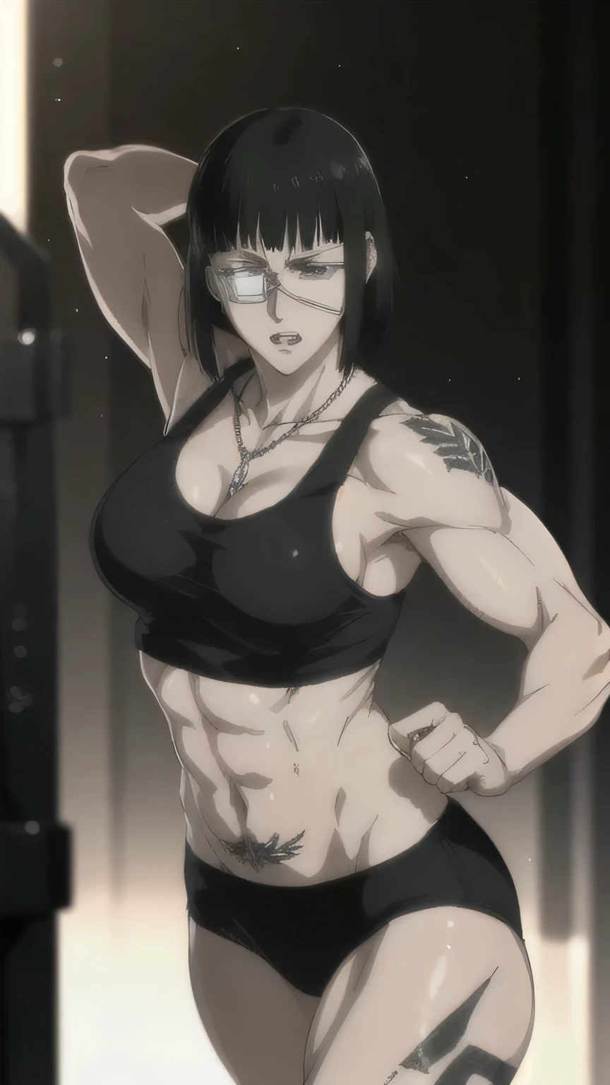 (best quality,ultra-detailed,realistic:1.37),musclaur badass girl with sculpted body have a tattoos wearing sport tank top and black male underwear, full review of the female character's face and body, intense expression, strong and confident posture, studio lighting, vivid colors, physiologically-based rendering, grungy texture, rugged background, dust particles in the air, commanding presence, professional, powerful, gritty aesthetics,Valmet،short hair,necklace,six-pack,eyepatch,handsome look,gym,Body lifting,Valmet prime muscles,ready to training,1girl, penis growth inside underwear,tight underwear
