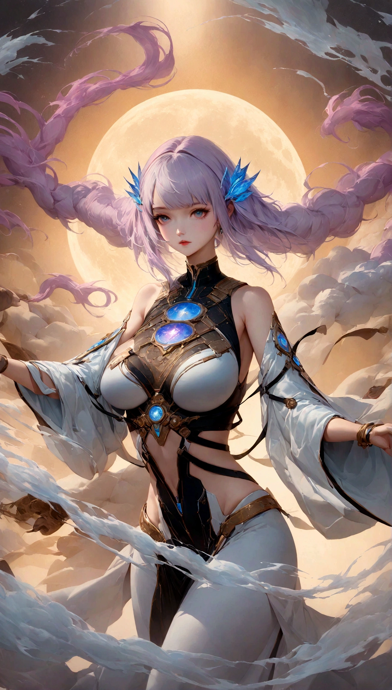 Fiction-style illustration featuring Cryptic Girl and her partner, engaging in mythological exploits against an ancient Chinese backdrop, ethereal and not realistic, suffused with celestial motifs, in the soft glow of lantern light, traditional Chinese garments swirling in motion, archery bow and lunar mist, floating amidst cloud wisps, digital painting, highly detailed, vibrant colors.