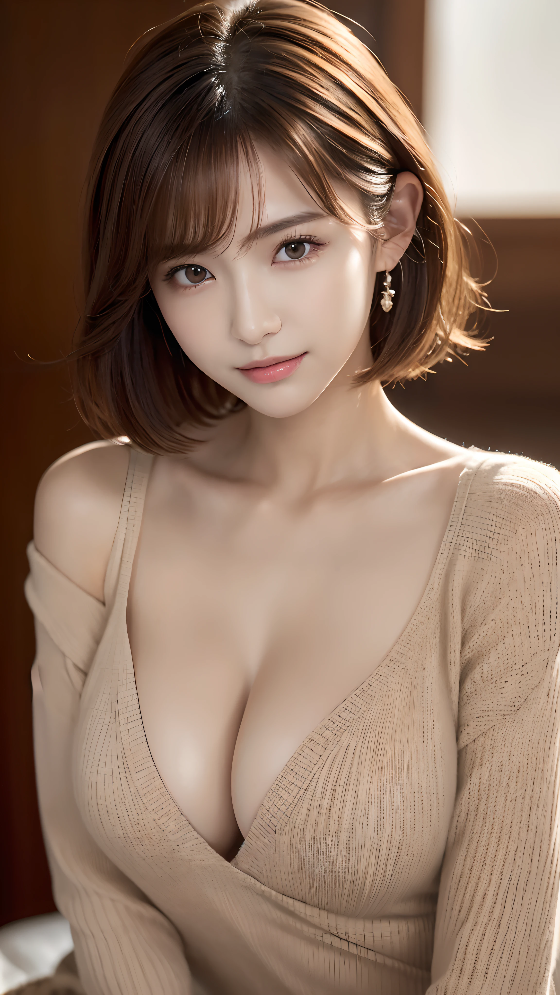 (masterpiece:1.3), (8k, Photorealistic, Raw photo, Best image quality: 1.4), Japanese 、(Random Hairstyles:1.2)、Cleavage:1.2、Super detailed face、Attention to detail、double eyelid、Put your chest together、Sharp focus:1.2、Beautiful woman:1.4、Light brown hair、highest quality、masterpiece、超A high resolution、(Photorealistic:1.4)、Highly detailed and professionally lit smile、Loose, lightweight knitwear、Shoulders out、thin、Serious expression、Short-haired、Deadly position