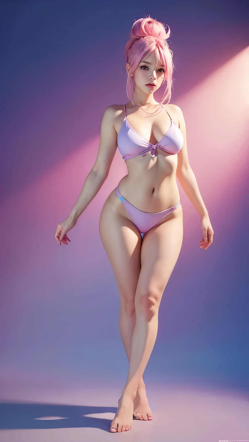 A  with pink hair wearing a blue short top, Full body photo of girl,  realistic art style, 8k high quality detailed art, Beautiful digital artwork, Pink Girl, anime colored, Kawaii realistic portrait ,,Beautiful breasts, Medium breasts,Visible areola， Seductive figure, Full body photo ,Dynamic poses ,Pink gradient background