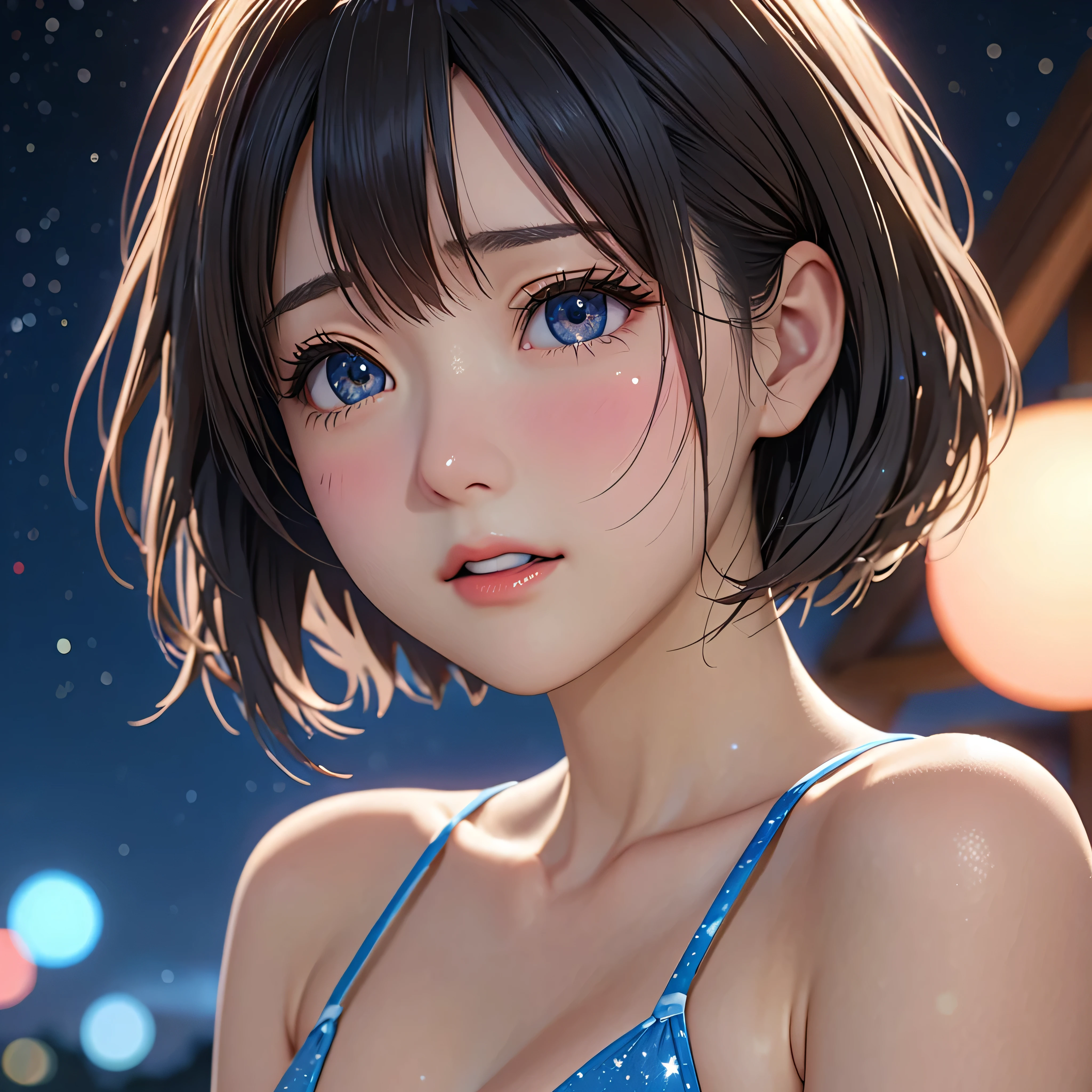National Science Foundation,masterpiece,High resolution,8K,Art,digit,Three-dimensional,Realism,Kyoto Animation Style,your name movie style,Facing the camera,(1 female: 1.3),(alone: 1.4),Bikini,Long eyelashes,Long thin legs,Short Bob,Sexy pose,Close-up of upper body,Eyes as deep as the starry sky,Blushed,shy,shy,open mouth,(Tearing up)