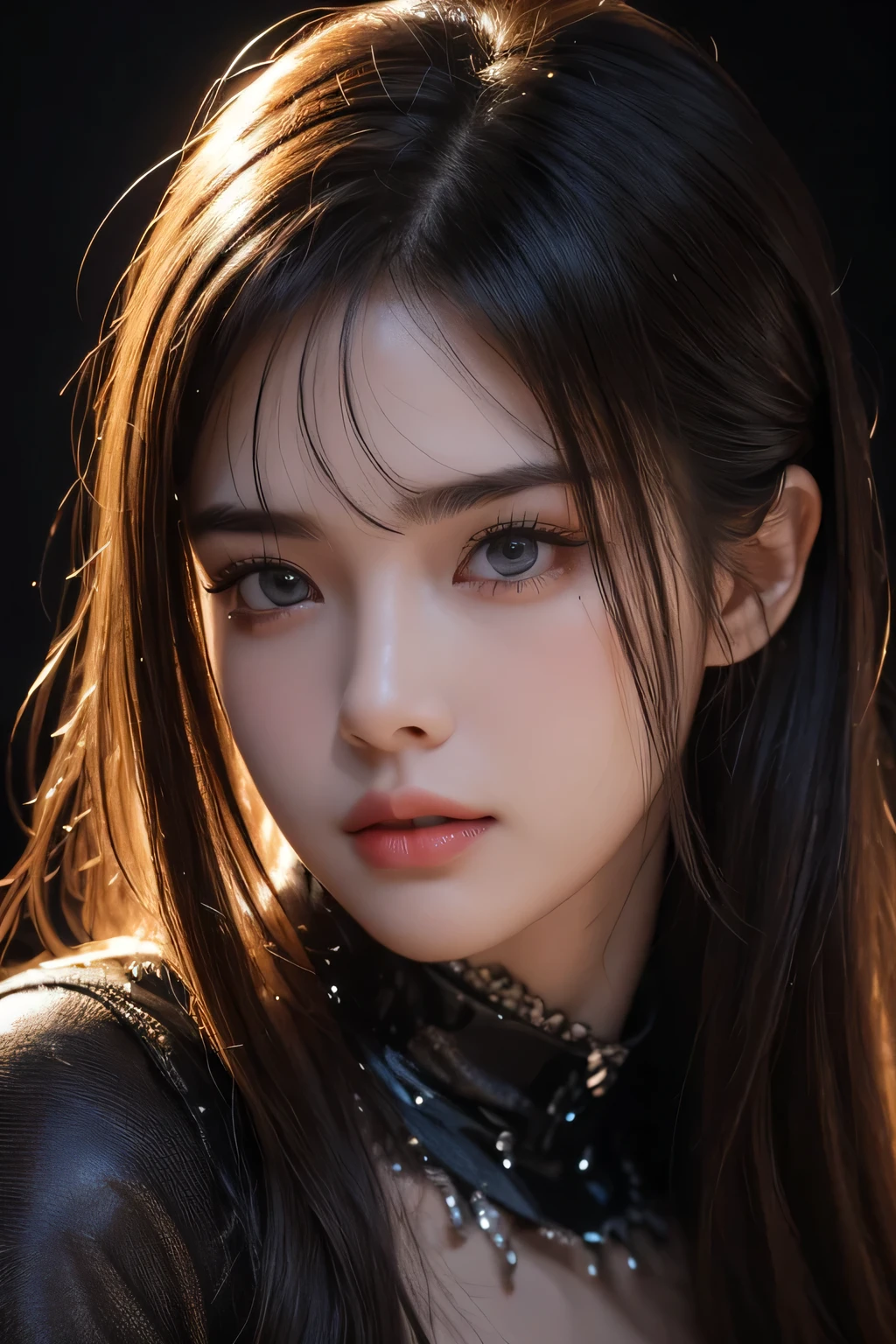 masterpiece, best qualitiy, RAW photos, realisticlying, A high resolution, hyper-detailing, Focus on the face, Detailed eyebrows, realistic beautiful eyes, realistic glossy skin, straight Bangs, realistic movie lighting, detail shaded, high contrast, Slender, Sexy face, Facial expressions when receiving pleasure, ((Dark background)),