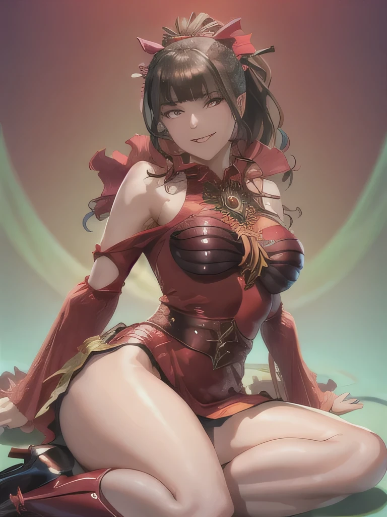 (extremely detailed CG), (best quality), 1girl,solo perfect face,  shiny skin, lustrous skin, wide hips, narrow waist, AguileraRevice, long hair,ponytail,boots,red footwear,bare shoulders,high heels,nail polish, hair ornament,bangs,jewelry black hair,detached sleeves,dress,green bikini, ,evil grin