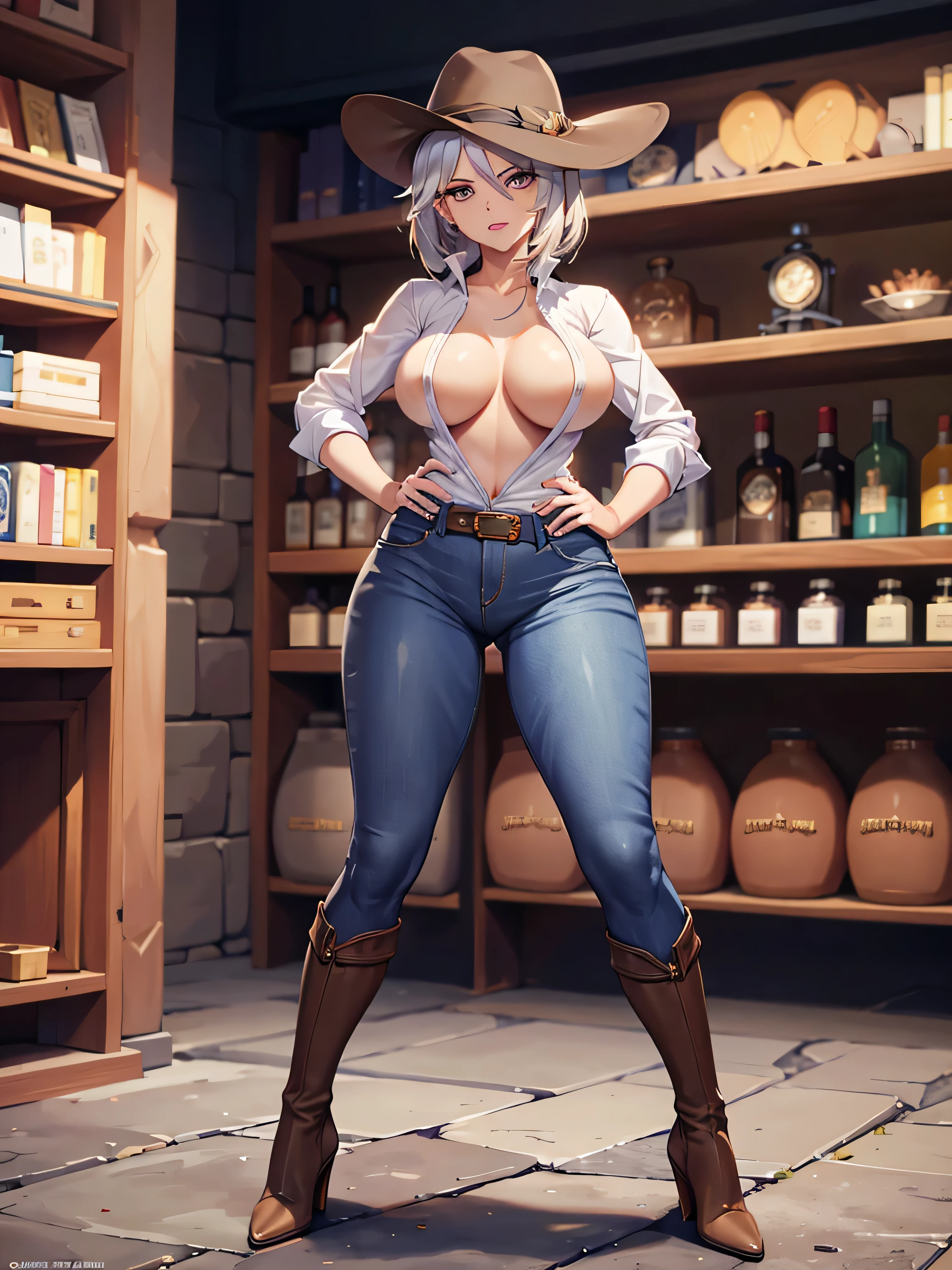 ashe, thighs, nude tits, full body, brown high heels boots, blue jeans, medium tits