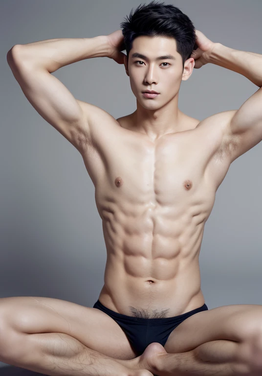 Japanese male model in a briefs, Full Body Shot, Quiff haircut, look at camera, detailed facial parts, Manly, Charmer, Active Boy, stand in front of gray background, Lifted arms, sitting, spread legs, pubes, Happy Expression, perfect anatomy, symmetric body, asian boy 19 years old, shirtless :: high detail, asian, a little six packs attractive body, realistic, human skin, Short Hairstyle, handsome chad chin, shirtless, handsome, attractive, masculine, sexually attractive, human skin, (eyes contact), Handsome, Attractive