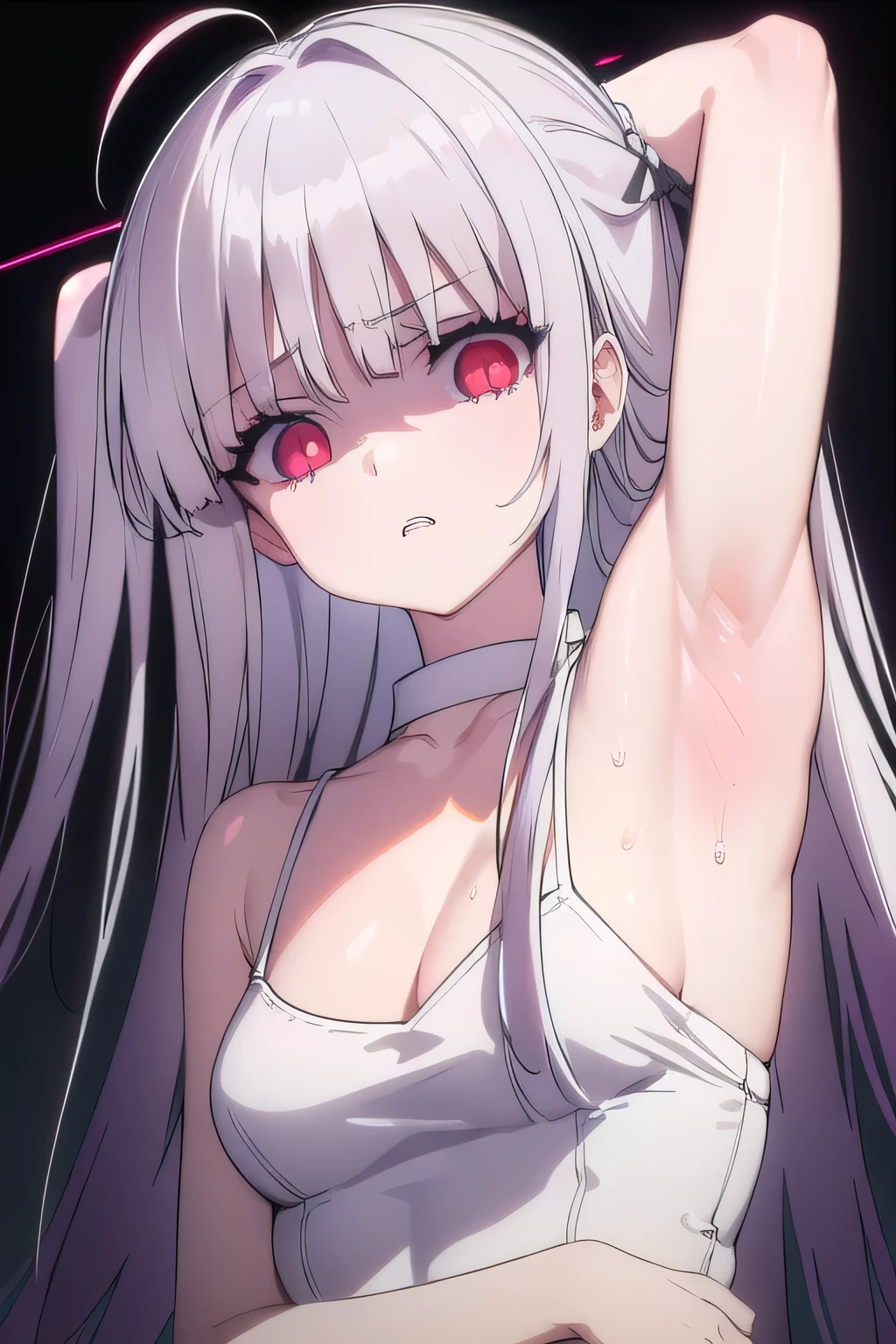 masterpiece, best quality, ultra-high-detailed, Disgusted face, white hair, red eyes, sigtuna julie , small chest , looking to viewer, deep eyes,  glare eyes, croptop, bare shoulder, focus to face, black background, upper body , cleavage, sweated a lot, one arm up,  armpit crease, pits, armpit warm, arm behind head, sweaty armpit 