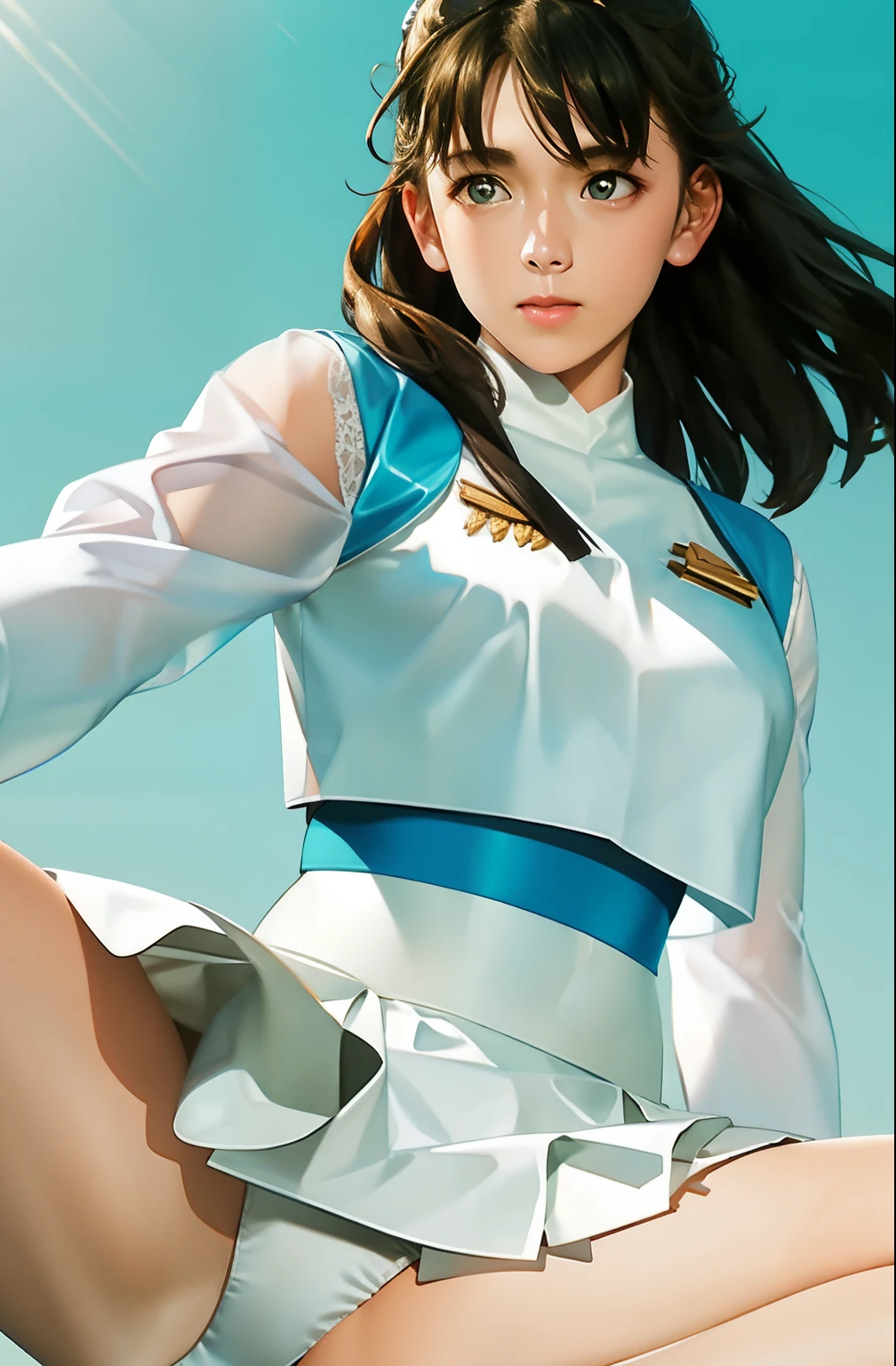 Realistic pictures、18-year-old、The real picture、realization ,Best image quality、1 girl, Sayla Mass, elegant,Spread your legs,White pantiesーを見せる, Tabletop, Complex,超ミニskirt、White panties、 Realistic, highest quality, Absurd, Plenty of facial detail, Perfect Eyes, 18-year-old, Cowboy Shot, , Bright colors, White Uniform, skirt
