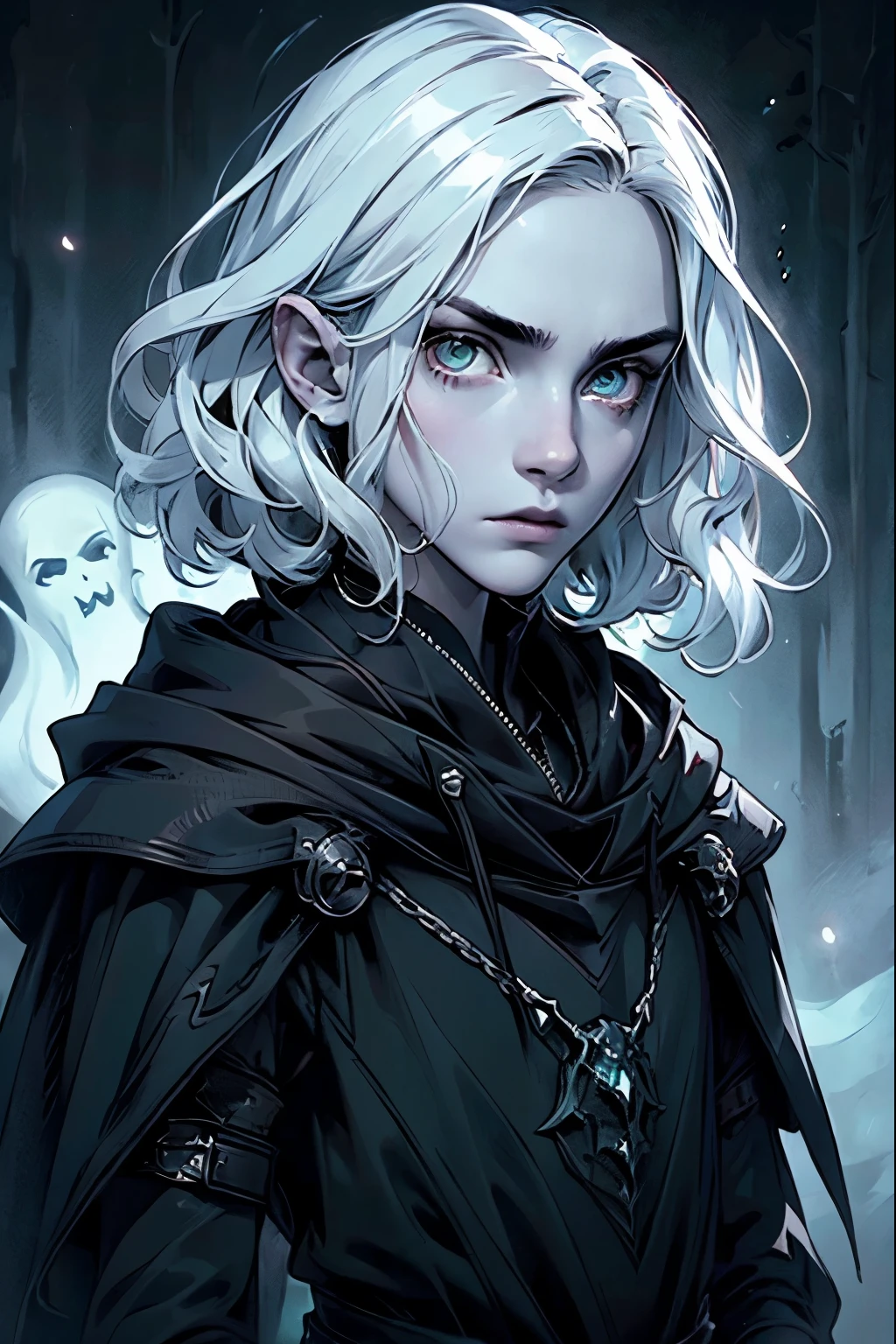 A bright shot, portrait, epic realistic, one boy, Thin, ((teenager)), schoolboy, (surrounded by people without faces) (Beautiful boy, Pale skin), boy, Beautiful, big eyes (curly hair) curls, short hair, dark hair, big green eyes, gloomy atmosphere, Dark detailed background, Dark colors, contrast light, (ghosts), gloomy, frown, looks at the camera, black sweatshirt, Hooded figure, ghosts are surrounded by many details, Detailed frame, excellent quality, masterpiece