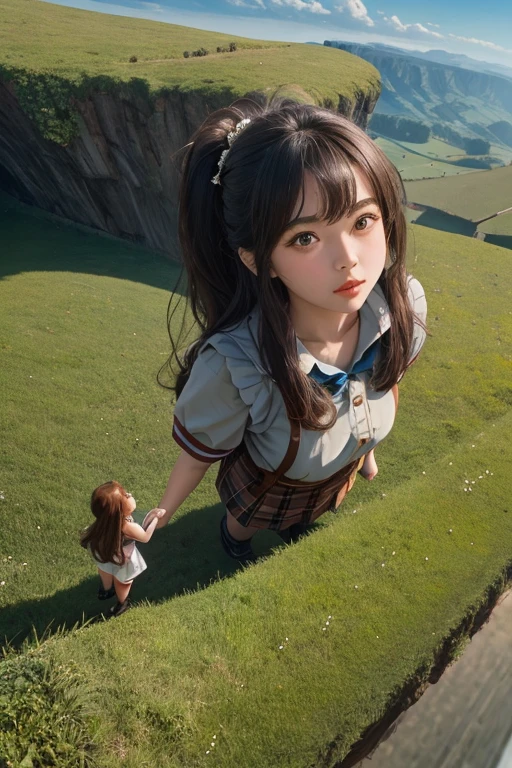 fantastic realism,The female giant bravely enters the Lilliputian country,高度Detailed footage of the giantess,Detailed footage of the giantess,giantess art,schoolgirl,Short sleeve,(((Lots of little people interacting with giants)))