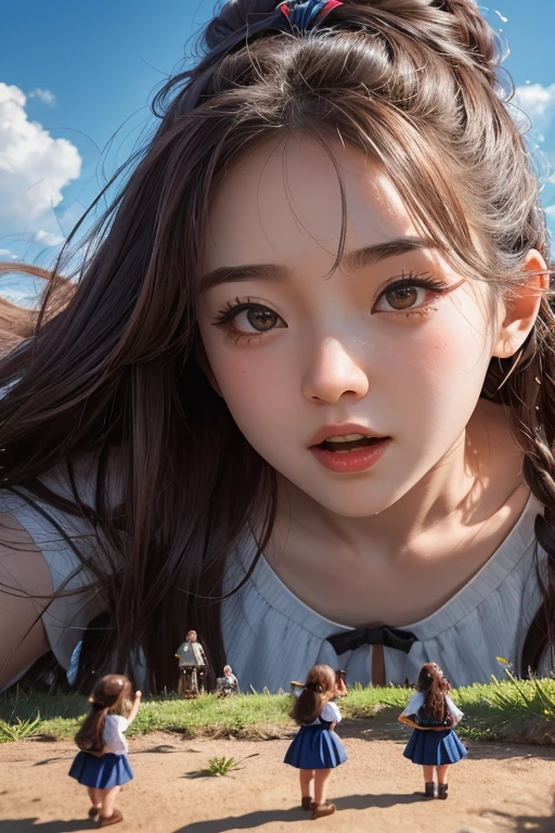 fantastic realism,The female giant bravely enters the Lilliputian country,高度Detailed footage of the giantess,Detailed footage of the giantess,giantess art,schoolgirl,Short sleeve,(((Lots of little people interacting with giants)))