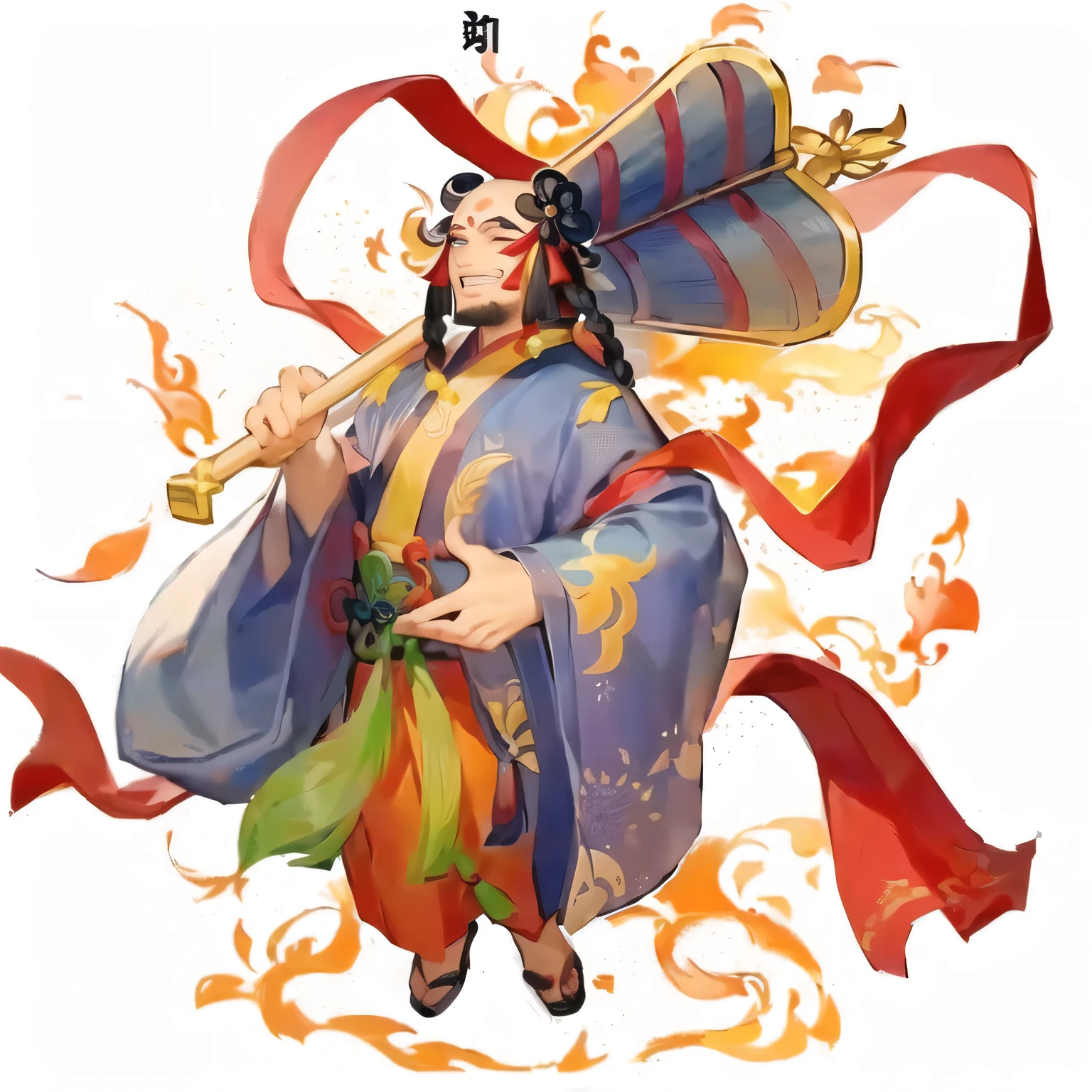 A man holding a giant palm leaf fan，Wrapped in red silk，Exaggerated expression，Middle-aged man with teeth showing，No hair in the middle of the head，There are braids on both sides，Black beard Onmyoji detailed art, Inspired by Hu Zaobin, Onmyoji, Inspired by Huang Shen, bian lian, akira from Chinese Mythology, Full color illustrations, Inspired by Zhou Wentianchong, Inspired by Gong Xian, Chinese Mythology, feng shu, Inspired by Cao Zhibai