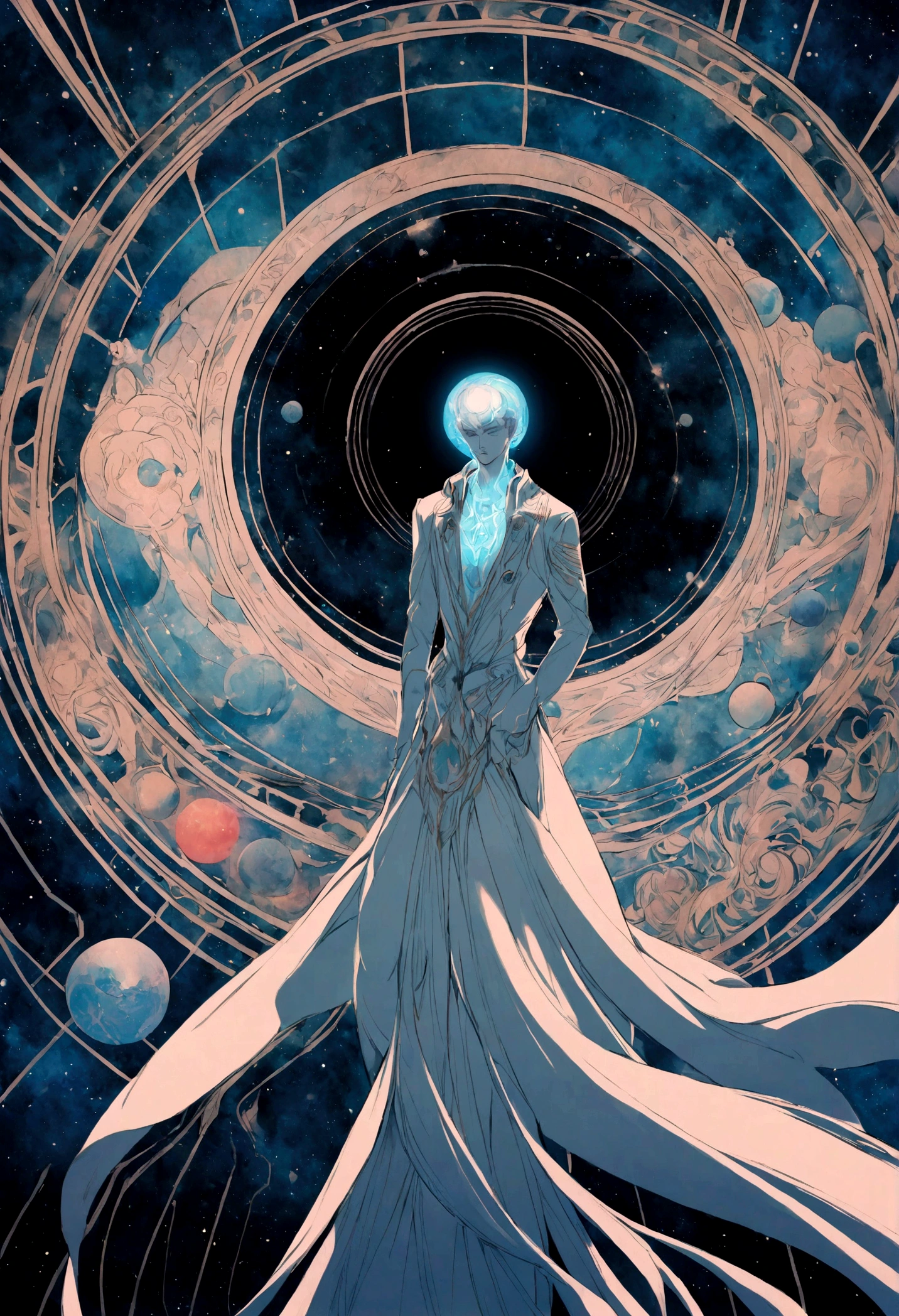 A man in front of a space full of planets, sua mente contemplando a eternidade, consciousness projection, rosto derretendo no universo, they reach your mind, the rise of consciousness, heightened awareness, exploration of the mind, increased awareness, Infinite Consciousness, cosmic illumination, no plano astral ) ) ), um ser interdimensional, Distributed consciousness