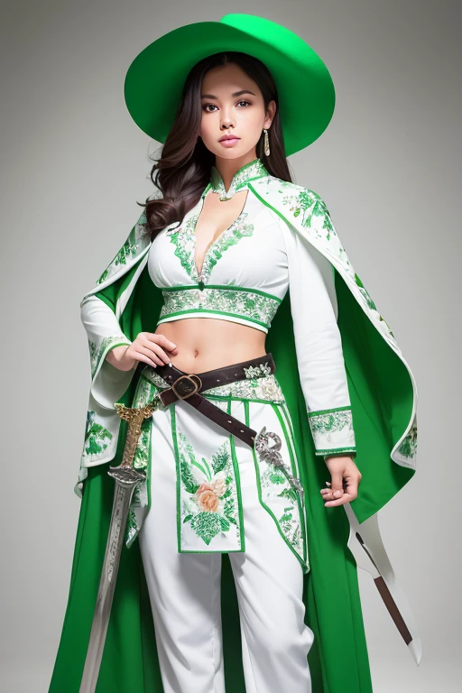 Full body of a female knight holding a sword in her left hand,He is wearing a white floral long-sleeved suit and fitted white pants.,She is wearing a green floral vest, Her belly is slightly exposed and she has a trowel on her arm..She is wearing a green floral cape, Green belt and white high heels,Wearing a white hat covering one eye