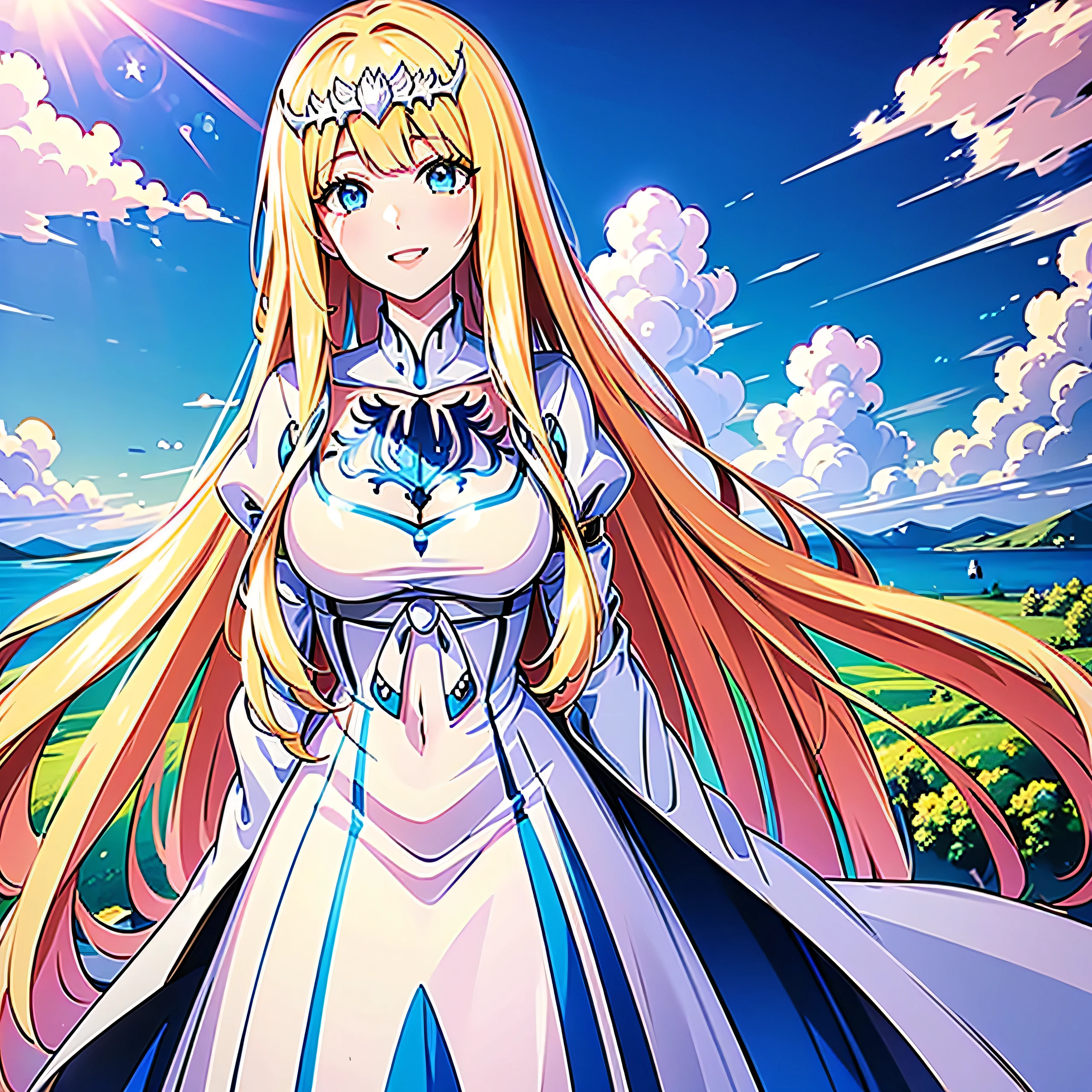  blush, smile, parted lips, first-person view, , anime style, masterpiece,  1girl, solo, Calca, Calca Bessarez, blonde hair, (extremely long hair:1.3), very long hair, white tiara, white dress, blue eyes, medium chest