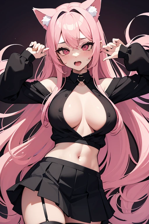 Extremely sexy girl with ahegao face with long pink hair and cat ears, wearing a black top with a sweetheart cutout in the middle. She wears a black pleated skirt with white stripes, black stockings and a black collar around the neck