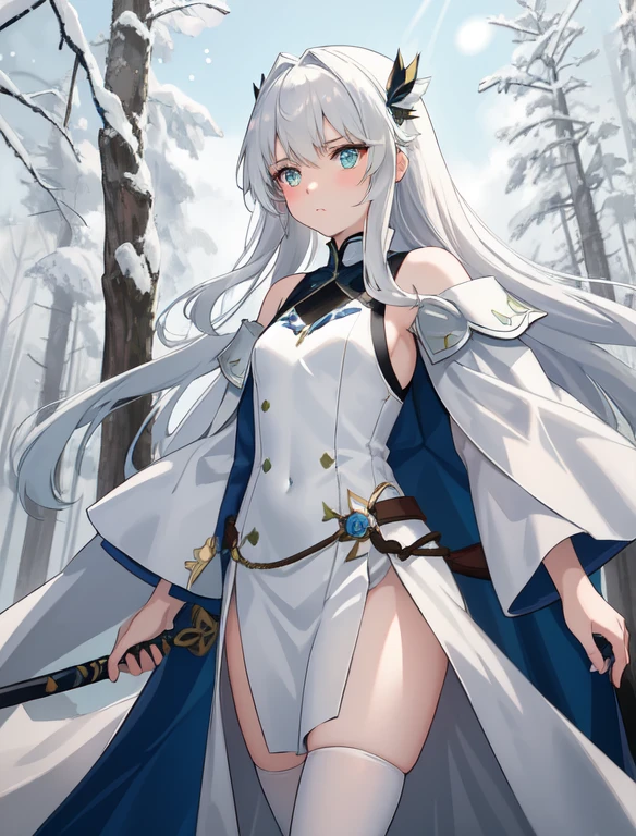 A young tsundere warrior stands confidently in a misty forest clearing, her striking heterochromatic eyes, the left green and the right blue, gleaming with intensity. The 10-year-old girl's striking features include snow-white hair flowing behind her and a flowing white cloak billowing behind her. Dual-wielding two gleaming white swords, she exudes a sense of determination and focus. Her serious expression is only tempered by the hint of mischief lurking beneath. Framed against the soft gray mist, her pale complexion and flat chest are accentuated by the subtle shadows.