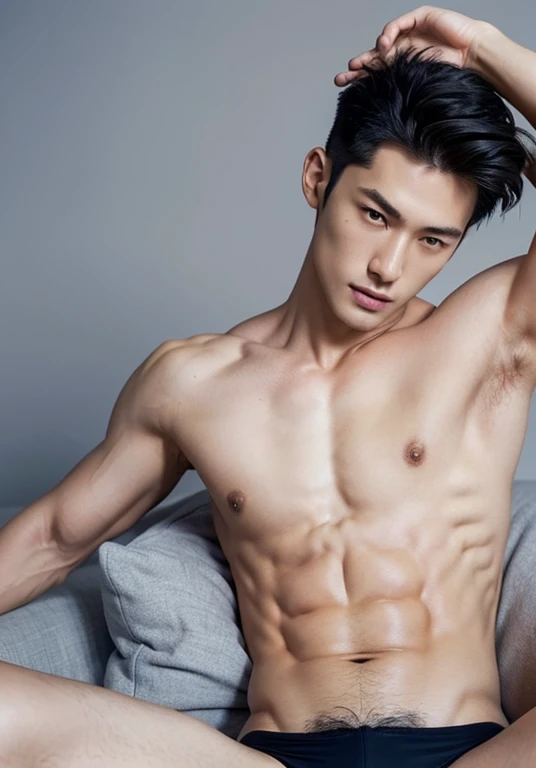 Japanese male model in a briefs, Full Body Shot, Quiff haircut, look at camera, detailed facial parts, Manly, muscular, Charmer, Active Boy, stand in front of gray background, Lifted arms, lying down, spread legs, pubes, Happy Expression, perfect anatomy, symmetric body, asian boy 19 years old, shirtless :: high detail, asian, a little six packs attractive body, realistic, human skin, Short Hairstyle, handsome chad chin, shirtless, handsome, attractive, masculine, sexually attractive, human skin, (eyes contact), Handsome, Attractive