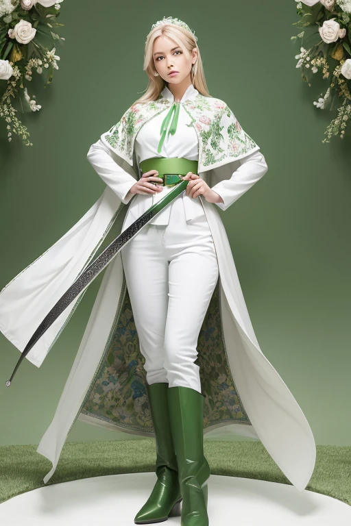 Full body of a female knight holding a sword in her left hand，He is wearing a white floral long-sleeved suit and fitted white pants.，She is wearing a green floral vest, Her belly is slightly exposed and she has a trowel on her arm..She is wearing a green floral cape, Green belt and white boots，Wearing a white hat covering one eye