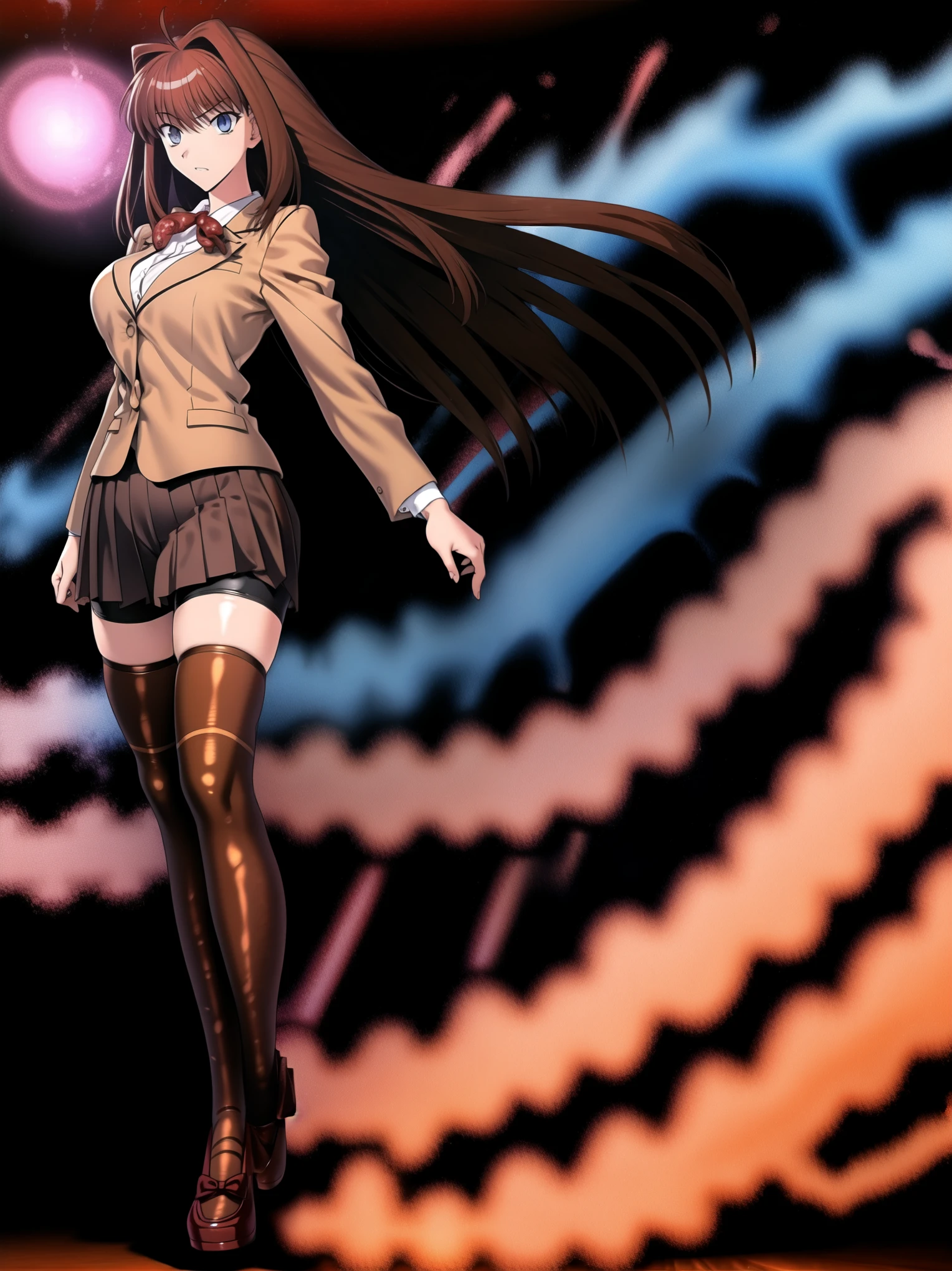 BREAK, centered. BREAK, (EMPTY BACKGROUND), BREAK, (masterpiece), best quality, high resolution, 8k, illustration, (beautiful detailed eyes:1.5), extremely detailed face, extremely detailed body, CG, perfect hands, perfect anatomy, (((1girl))), ((solo)), (((bbaoko))), ((2 legs max)), ((2 feet max:1.6)), ((swirling vortex shaped longest brown hair:1.5)), (brown longest hair with slightly reddish undertone:1.6), (lush luscious longest brown hair:1.6), (very long voluminous longest brown hair:1.5), serious, blue eyes, red bowtie, (Form-fitting beige blazer:1.5), brown jacket, (highly detailed beautiful face:1.2), (white shirt:1), (well shaped large breasts:1.6), (nice hips:1), (((Umber pleated thigh-high skirt:1.6))), (((black bike shorts:1.4))), (toned thighs:1.6), (jetblack thighhighs:1.6), (strap shoes brown color), (facing front:1.5), ((standing straight:1.5)), ((Fullbody in frame:1.6)), ((Full body:1.5)), ((takeuchi takashi:1.3))
