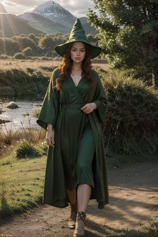 detailed cinematic full body shot of a 35 year old woman with reddish curly hair wearing a green robe, pointy witch wizard hat, in an irish landscape, intricate celtic knot patterns, dramatic cloudy sky, sunlight rays, golden hour, hyperrealistic, photorealistic, 8k, masterpiece
