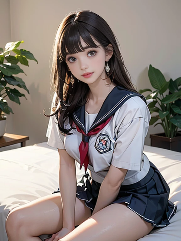 ((((highest quality))))、(((Ultra-precision CG16K wallpaper)))、(((masterpiece)))、(((Very detailed)))、(((Extremely detailed)))、((29 year old  woman:1.6))、((とてもbeautiful日本人の顔))、((No pantie、((Straighlong hair、Blunt bangs:1.5))、(Shiny brown haiutiful Eyes、Clear pupils、eyeliner、eye shadow、High nose、Small nostrils、Small Mouth、Seductive lips、beautiful breasts、((C cup size breaseavage、beautiful feetheaded bodt balance、Perfect Anatomy、Perfect composition、beautiful detailed shading、beautiful, Natural light、beautiful detail glow、Written boundary depth、(((High chroma)))、(((Genuine:1.9)))、((Vivid:1.5))、((beautiful Skin))、((Skin Texture))、((Genuineな皮膚感))、(((Cowboy Shot:1.6)))、((Front view、Shoot from the front、Front Low Angle:1.6))、(((smile:1.3)))、((Women are watching this、Vir、Look forward:1.6))、Bright sunlight、Natural light、(((Room with bed、Foliage plant:1.5)))、(Fashion model posing:1.6)、(((Red school girl in a sailor suit、Pleated mini skirt:1.6)))、((hair band、Earrings、Wearing a necklace:1.3))、(((Woman sitting on bed with legs spread:1.6)))、