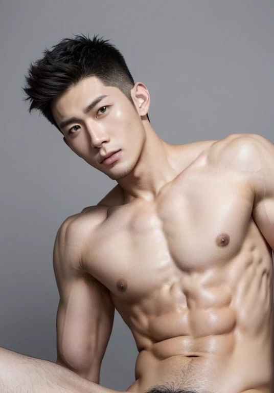 Japanese male model in a briefs, Full Body Shot, Quiff haircut, look at camera, detailed facial parts, Manly, muscular, Charmer, Active Boy, stand in front of gray background, Lifted arms, lying down, spread legs, pubes, Happy Expression, perfect anatomy, symmetric body, asian boy 19 years old, shirtless :: high detail, asian, a little six packs attractive body, realistic, human skin, Short Hairstyle, handsome chad chin, shirtless, handsome, attractive, masculine, sexually attractive, human skin, (eyes contact), Handsome, Attractive