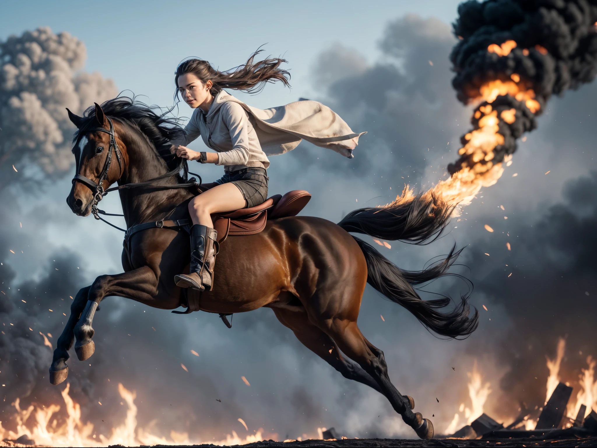 1girl, detailed face, riding a horse, full body, burning ash, looking at viewer,