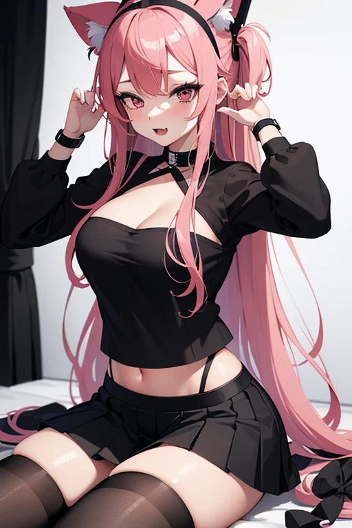 Extremely sexy girl with ahegao face with long pink hair and cat ears, wearing a black top with a sweetheart cutout in the middle. She wears a black pleated skirt with white stripes, black stockings and a black collar around the neck