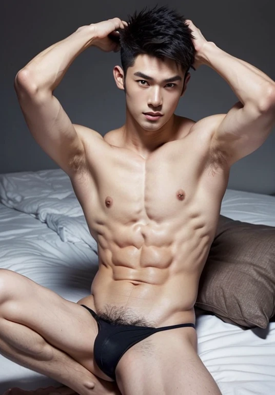 Japanese male model in a briefs, Full Body Shot, Quiff haircut, look at camera, detailed facial parts, Manly, muscular, Charmer, Active Boy, stand in front of gray background, Lifted arms, lying down, ???????????, ?????, Happy Expression, perfect ???????, symmetric body, asian boy 19 years old, shirtless :: high detail, asian, a little six packs attractive body, realistic, human skin, Short Hairstyle, handsome chad chin, shirtless, handsome, attractive, masculine, ???????? attractive, human skin, (eyes contact), Handsome, Attractive