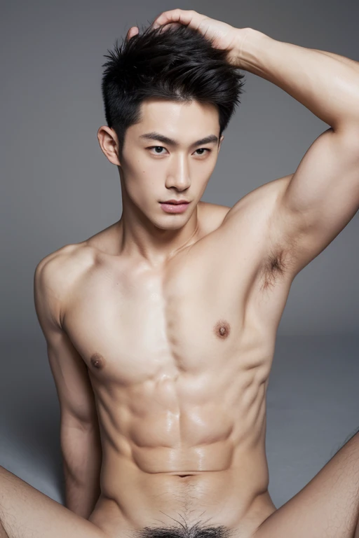 Japanese male model in a briefs, Full Body Shot, Quiff haircut, look at camera, detailed facial parts, Manly, muscular, Charmer, Active Boy, stand in front of gray background, Lifted arms, lying down, spread legs, pubes, Happy Expression, perfect anatomy, symmetric body, asian boy 19 years old, shirtless :: high detail, asian, a little six packs attractive body, realistic, human skin, Short Hairstyle, handsome chad chin, shirtless, handsome, attractive, masculine, sexually attractive, human skin, (eyes contact), Handsome, Attractive