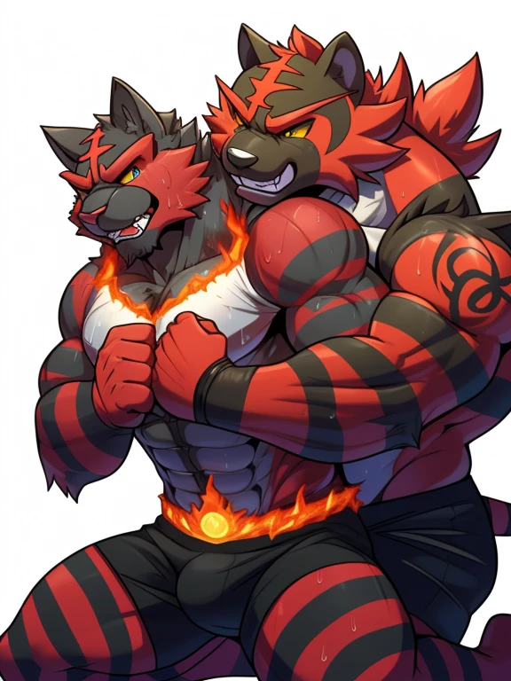 Two male fighters(Incineroar vs Incineroar, handsomes, perfect eyes, Thick eyebrows), gay(kneeling, holding from behind and his neck, in a MMA match), hot(Both are Shirtless, full body, bulges), handsomes(They are handsomes, correct anatomy), musculosos(Big muscle bodies, Six packs, muscle abs, big pecs, muscle backs), sweaty(very sweaty wet bodies, shiny sweat), tatuajes(they have tattoos), Angry(They have an angry expression),MMA gloves(They both are wearing red MMA gloves), MMA boxers(both are wearing Black boxers), Hight resolution